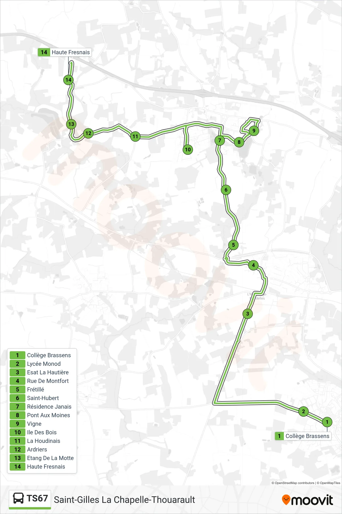 Tracé et arrêts de la ligne TS67 de bus (Saint-Gilles La Chapelle-Thouarault) sur une carte