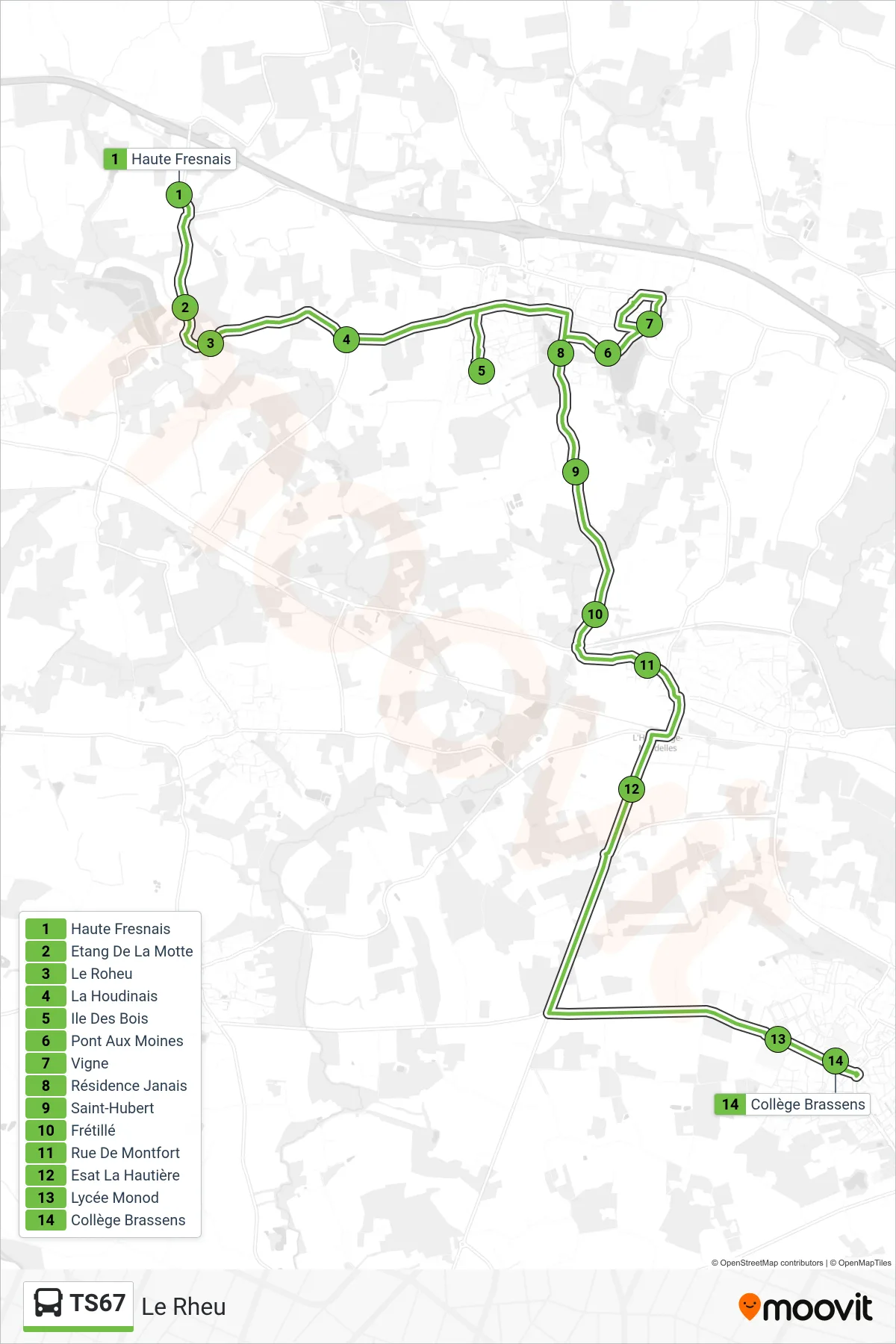 Tracé et arrêts de la ligne TS67 de bus (Le Rheu) sur une carte