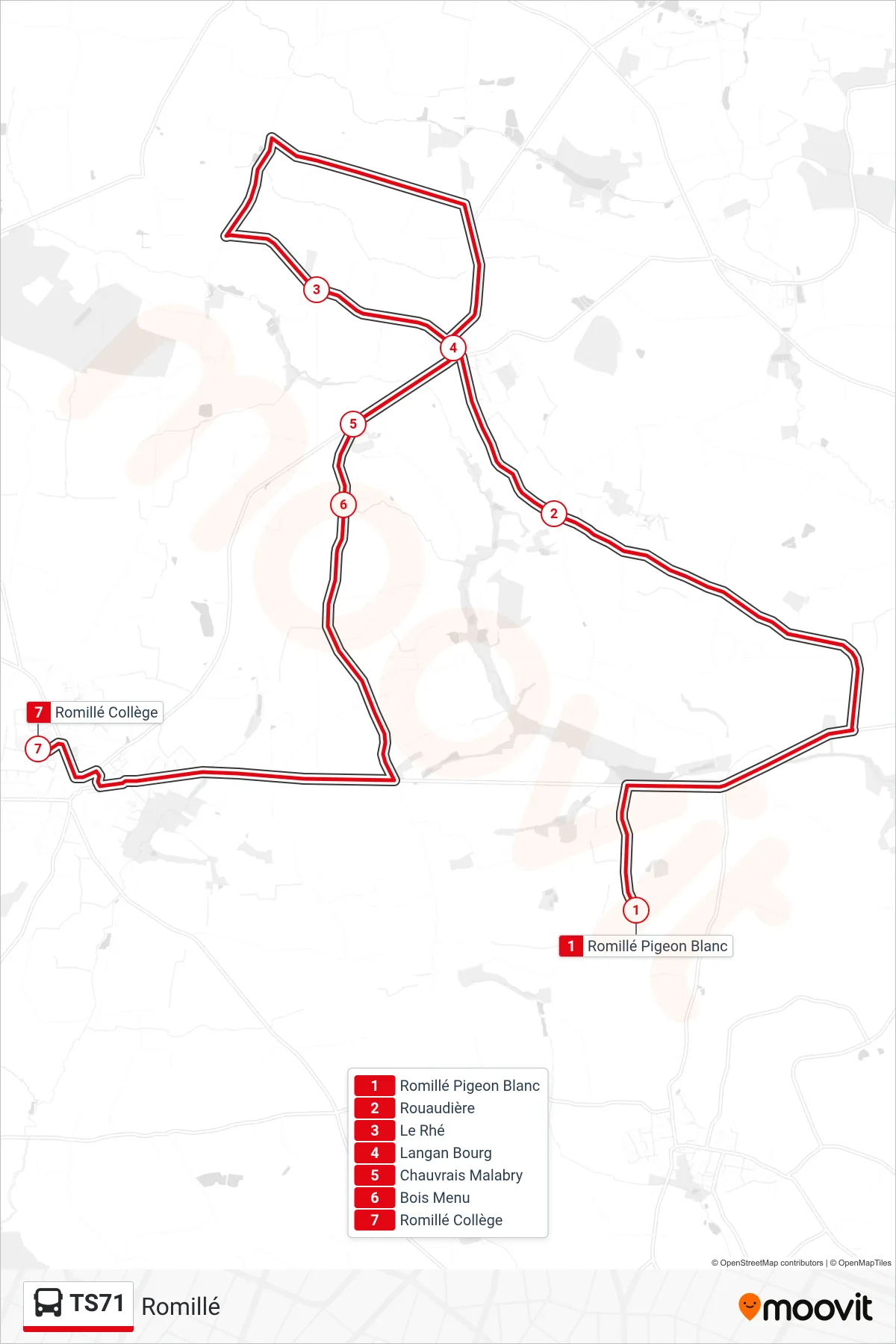 TS71 bus Line (Romillé) route and stops on a map