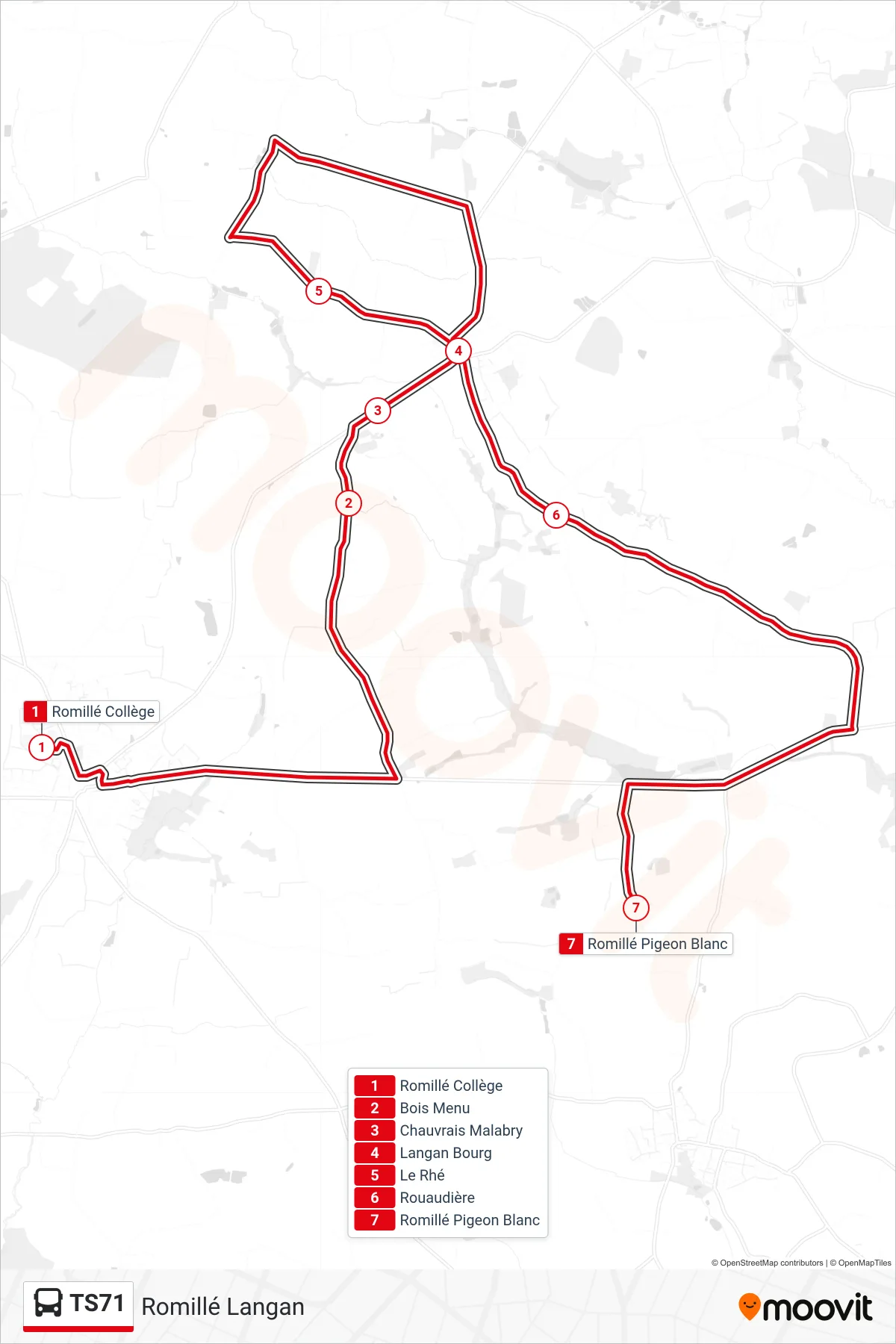 Tracé et arrêts de la ligne TS71 de bus (Romillé Langan) sur une carte