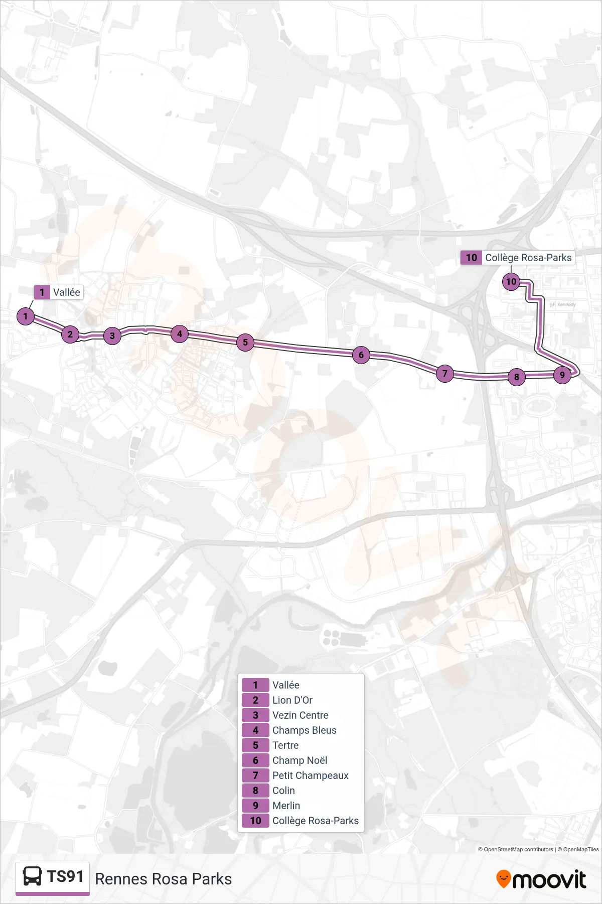 Recorrido y paradas de la línea TS91 de autobús (Rennes Rosa Parks) en el mapa