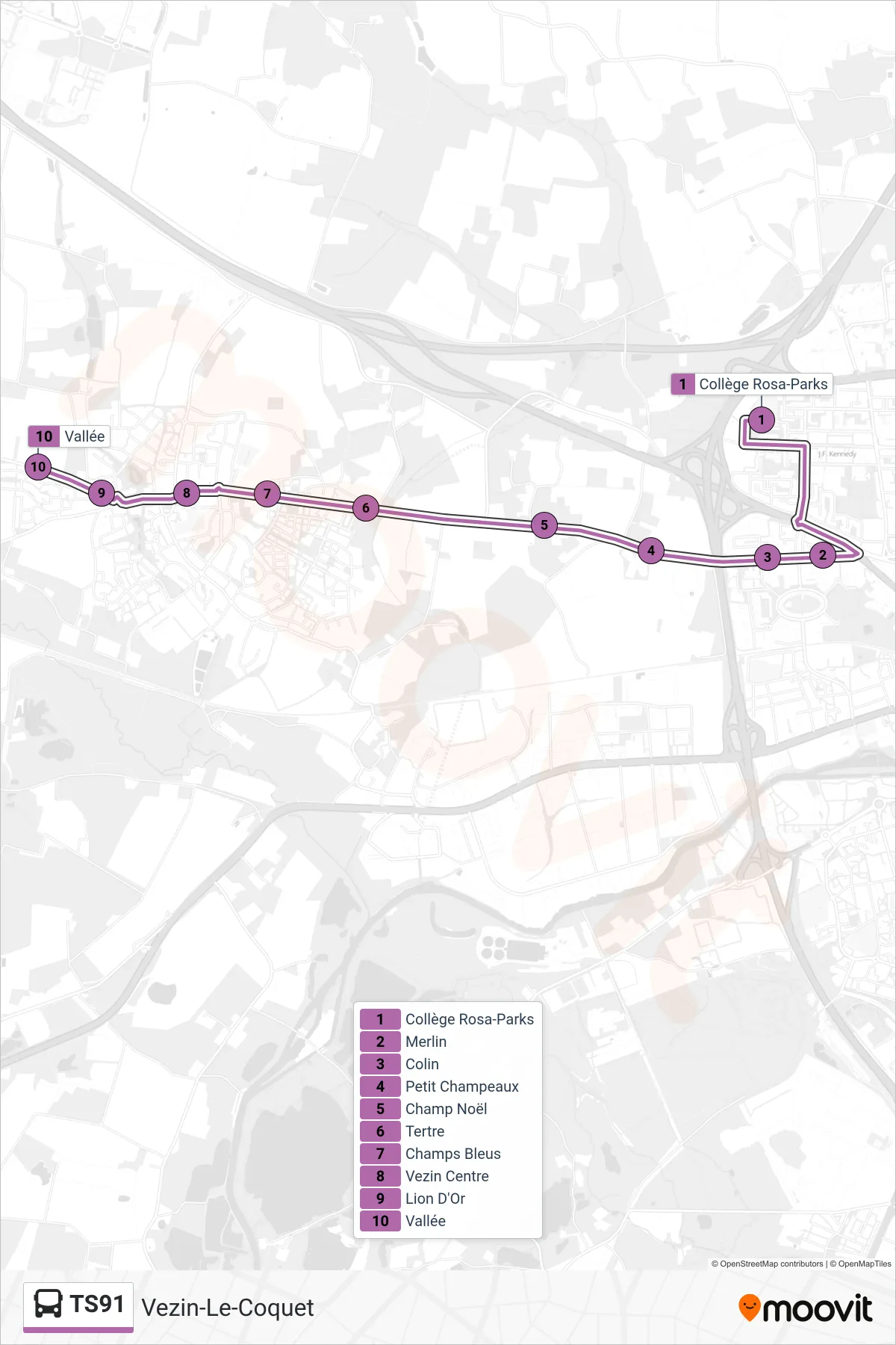 Tracé et arrêts de la ligne TS91 de bus (Vezin-Le-Coquet) sur une carte