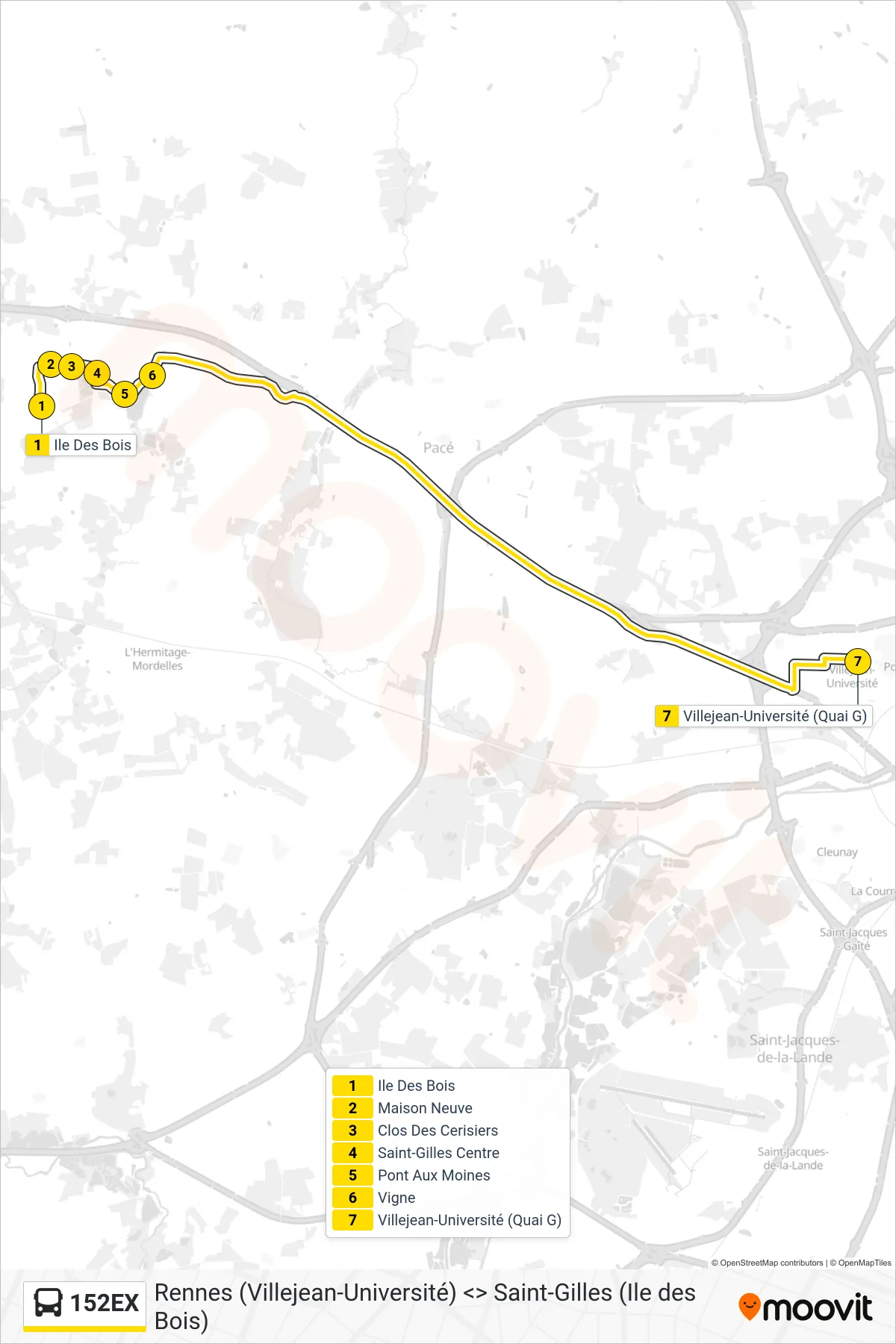 Tracé et arrêts de la ligne 152EX de bus (Rennes Lycée Basch) sur une carte