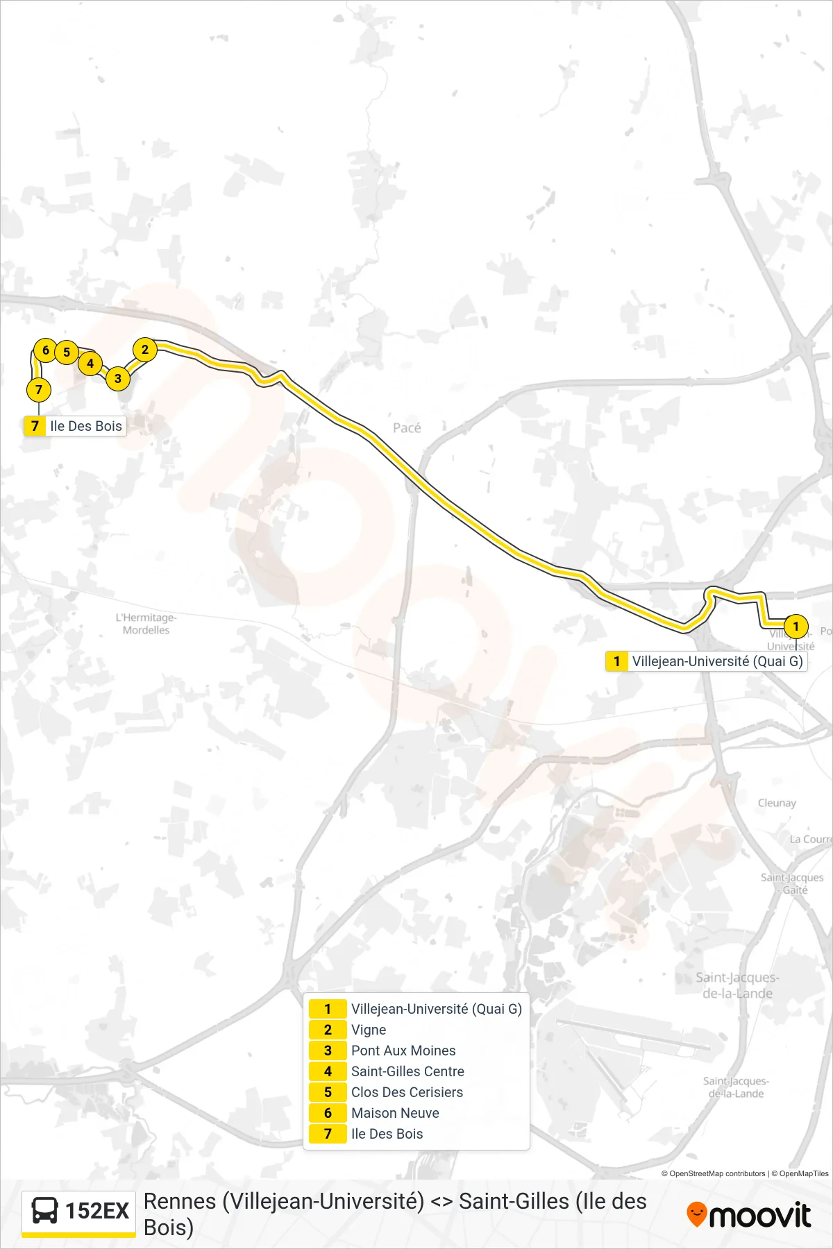 Tracé et arrêts de la ligne 152EX de bus (Saint-Gilles) sur une carte