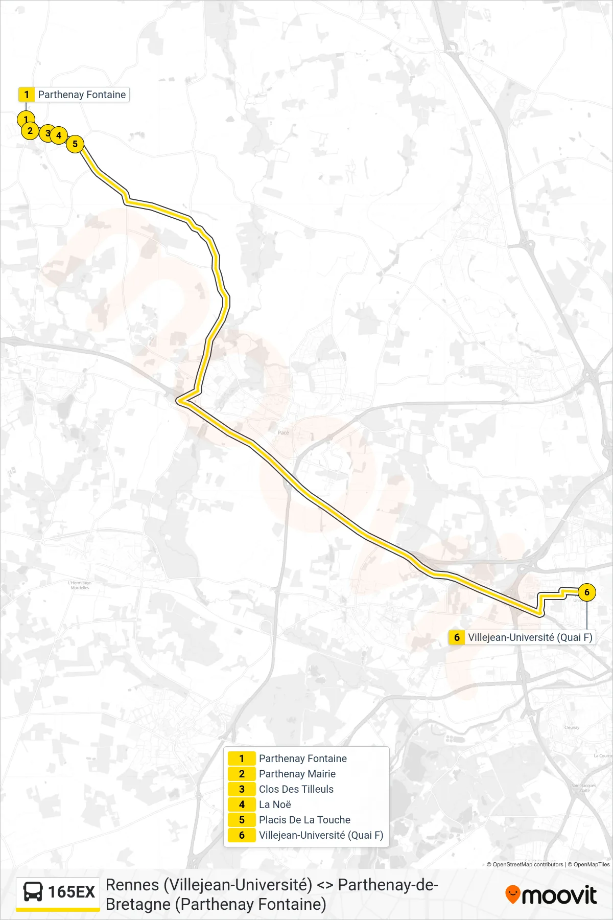 165EX bus Line (Rennes Villejean-Université) route and stops on a map