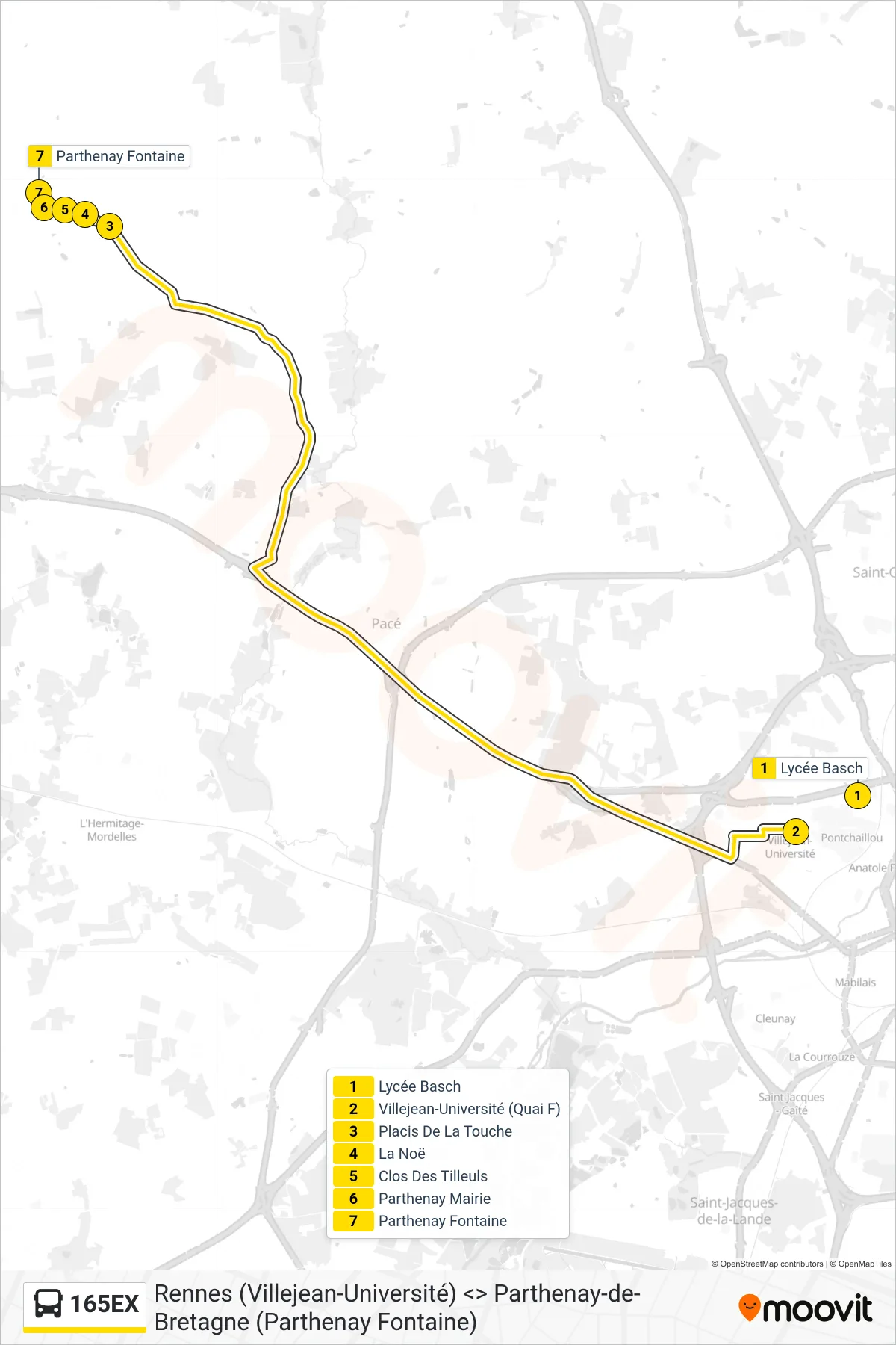 Tracé et arrêts de la ligne 165EX de bus (Parthenay-De-Bretagne) sur une carte