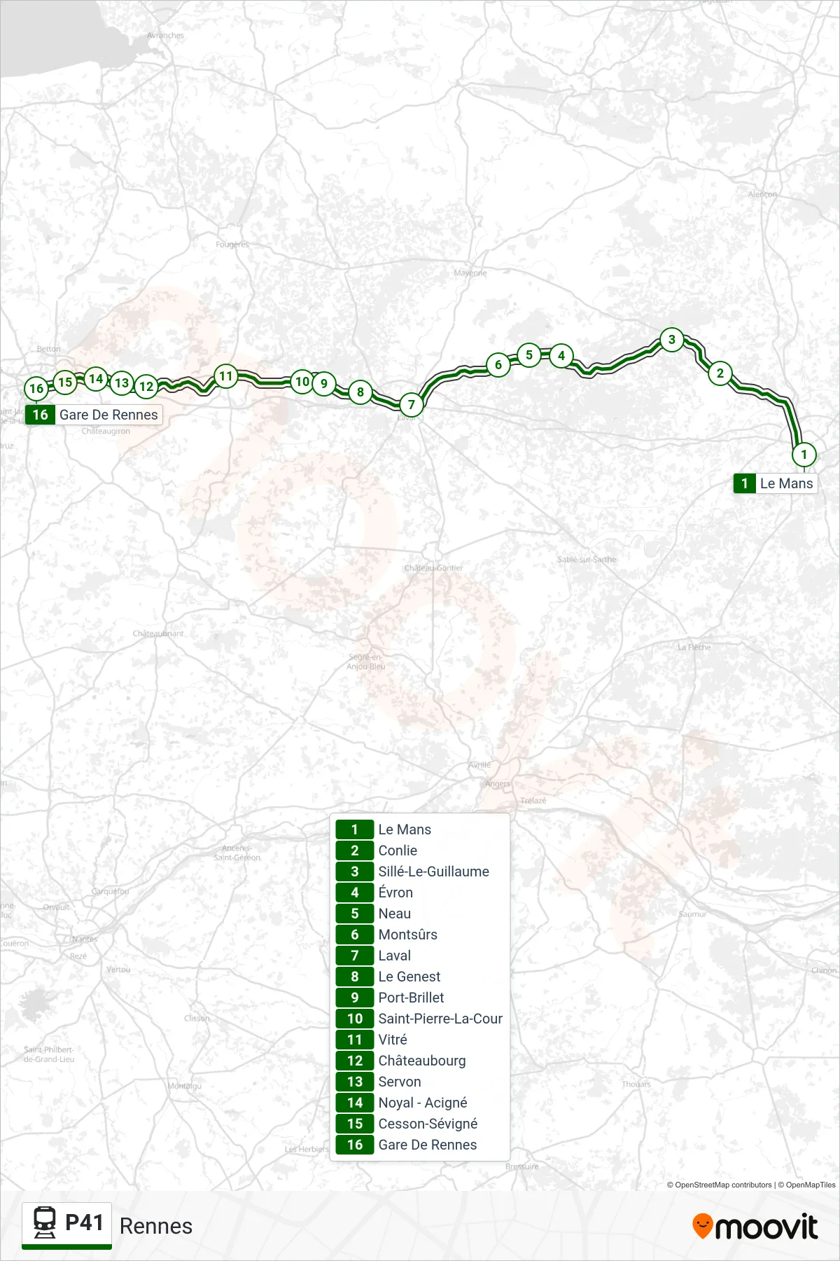 Tracé et arrêts de la ligne P41 de train (Rennes) sur une carte