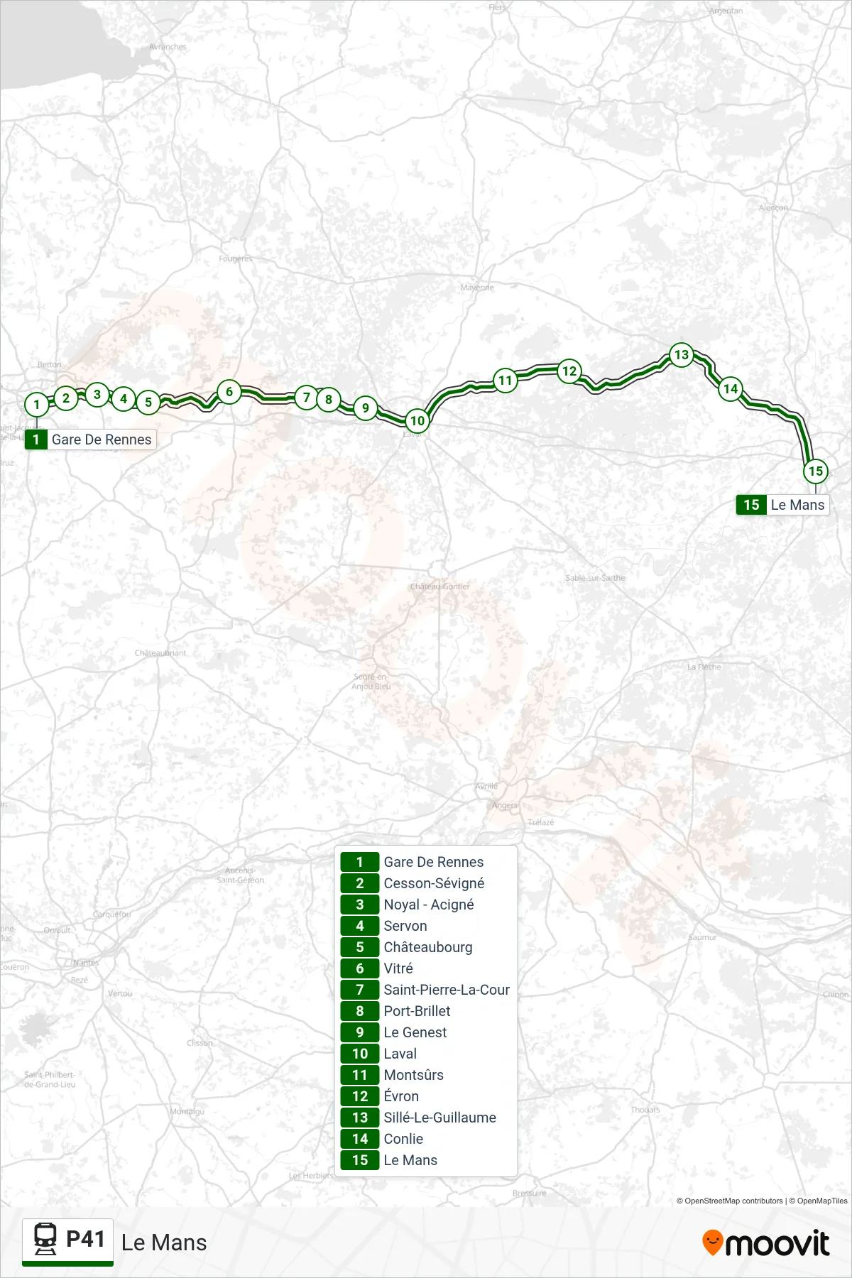 Tracé et arrêts de la ligne P41 de train (Le Mans) sur une carte