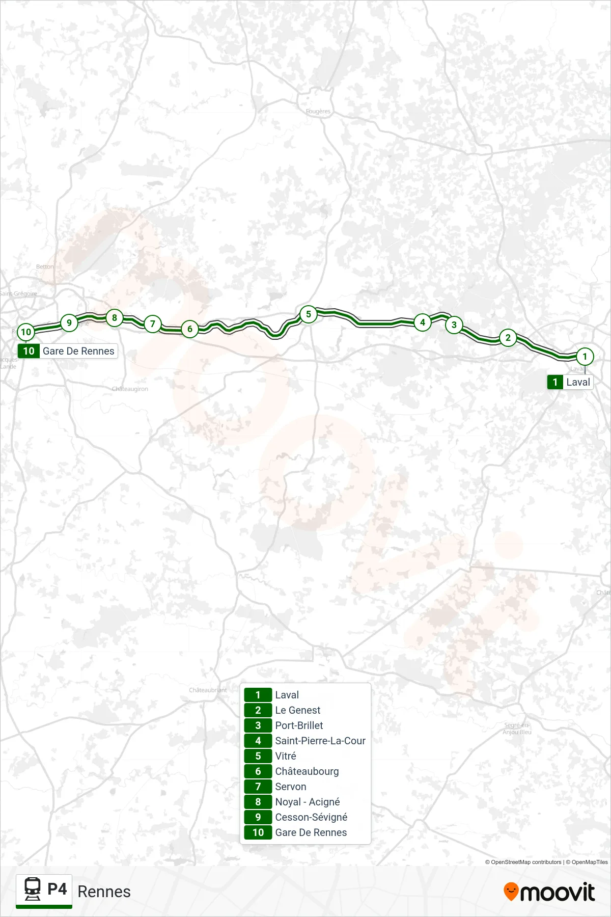 Tracé et arrêts de la ligne P4 de train (Rennes) sur une carte