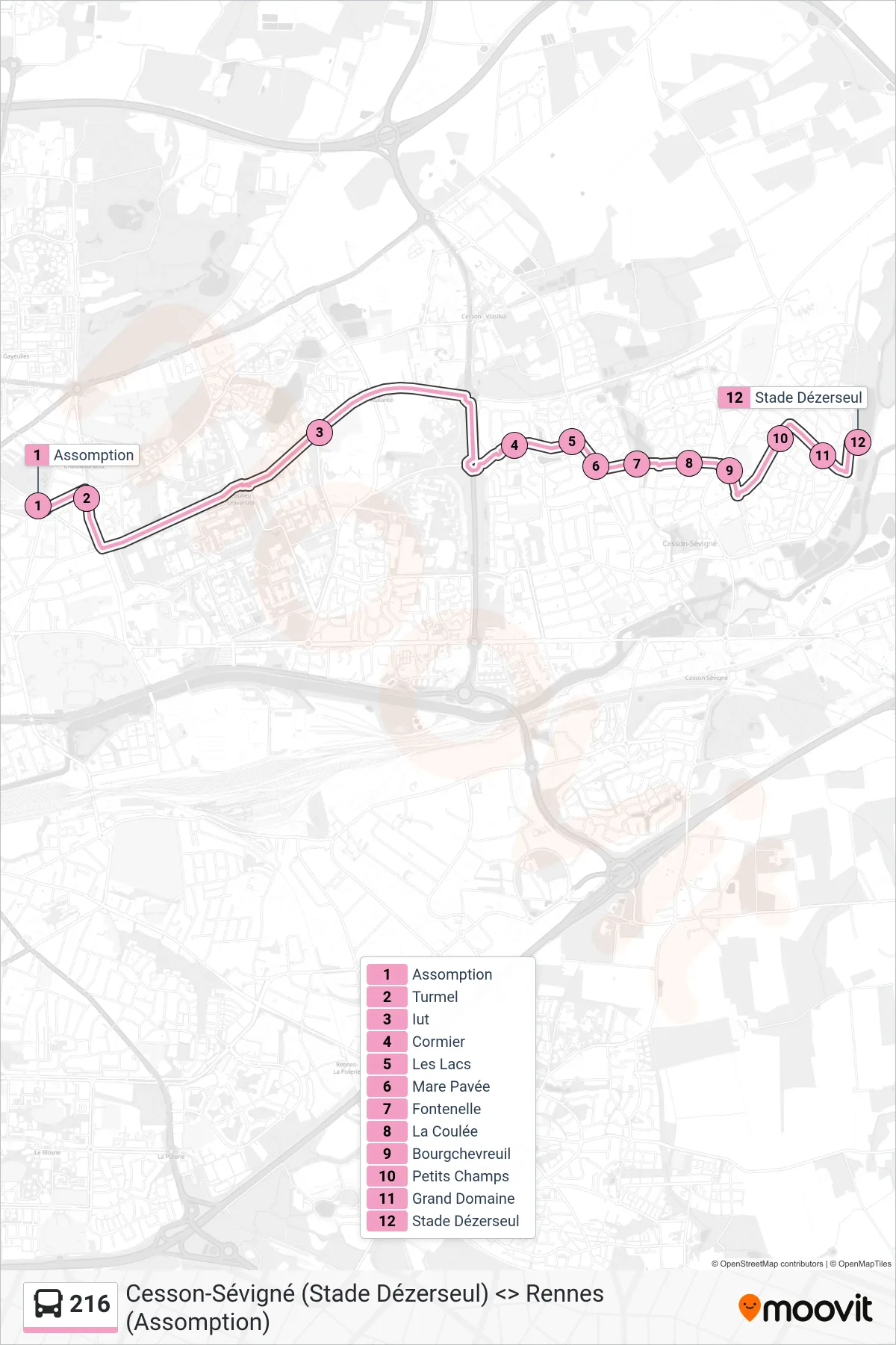 Tracé et arrêts de la ligne 216 de bus (Cesson-Sévigné) sur une carte