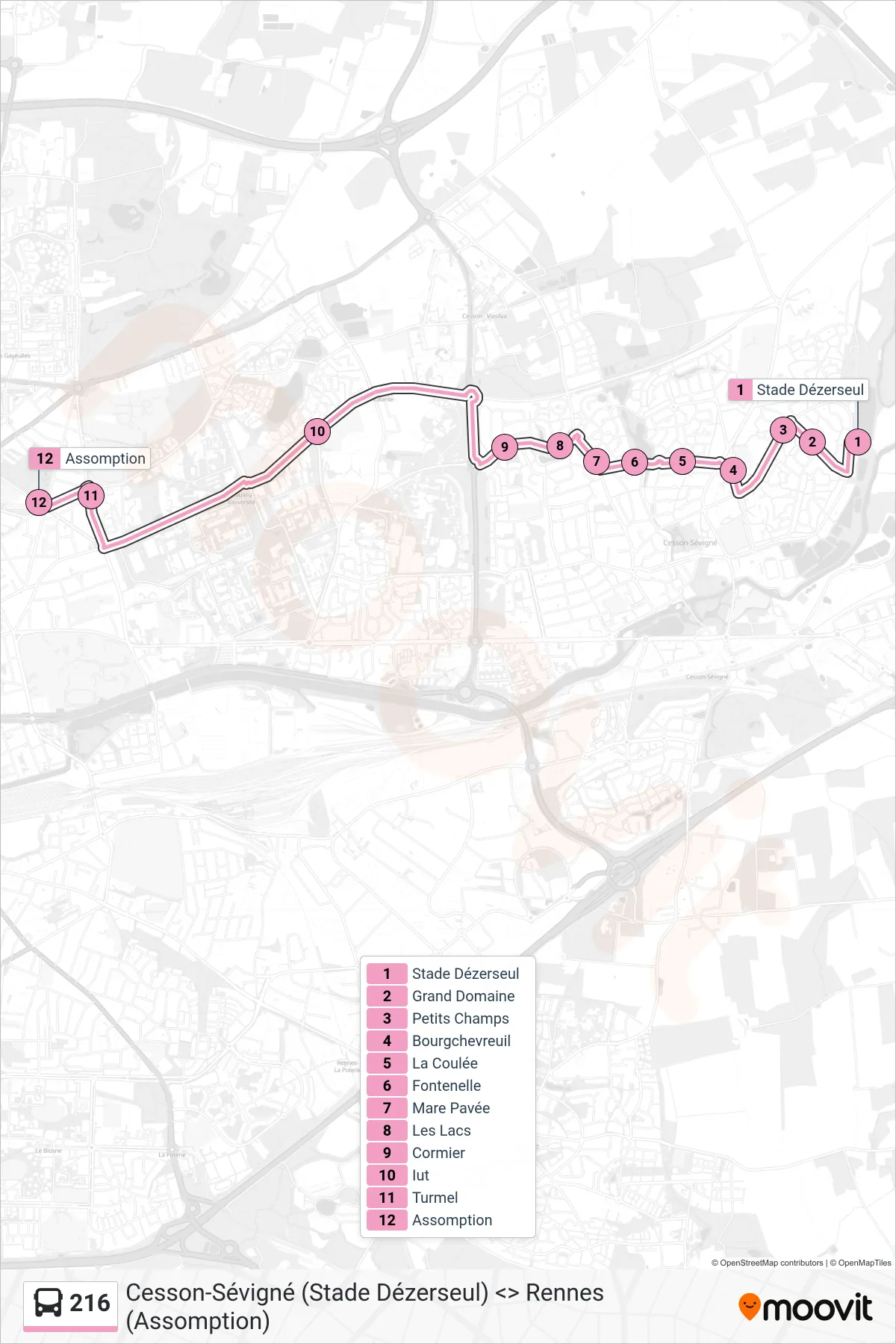 Tracé et arrêts de la ligne 216 de bus (Rennes) sur une carte