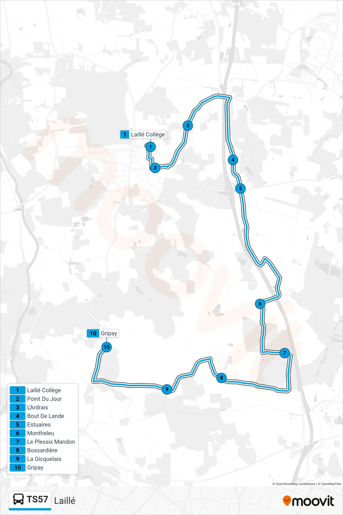 Tracé et arrêts de la ligne TS57 de bus (Laillé) sur une carte