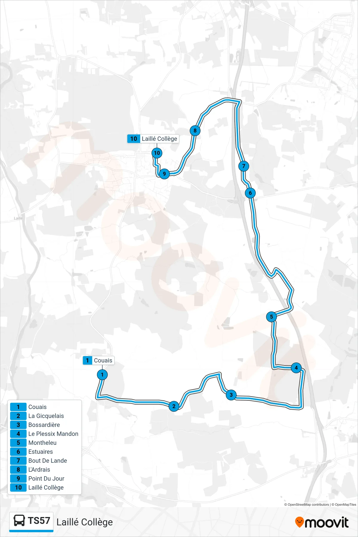 Tracé et arrêts de la ligne TS57 de bus (Laillé Collège) sur une carte