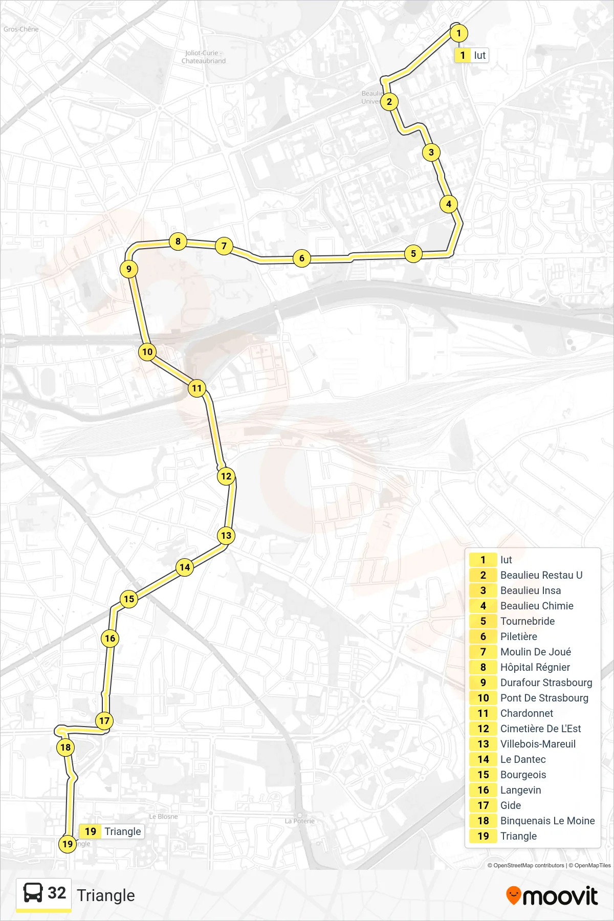 Recorrido y paradas de la línea 32 de autobús (Triangle) en el mapa