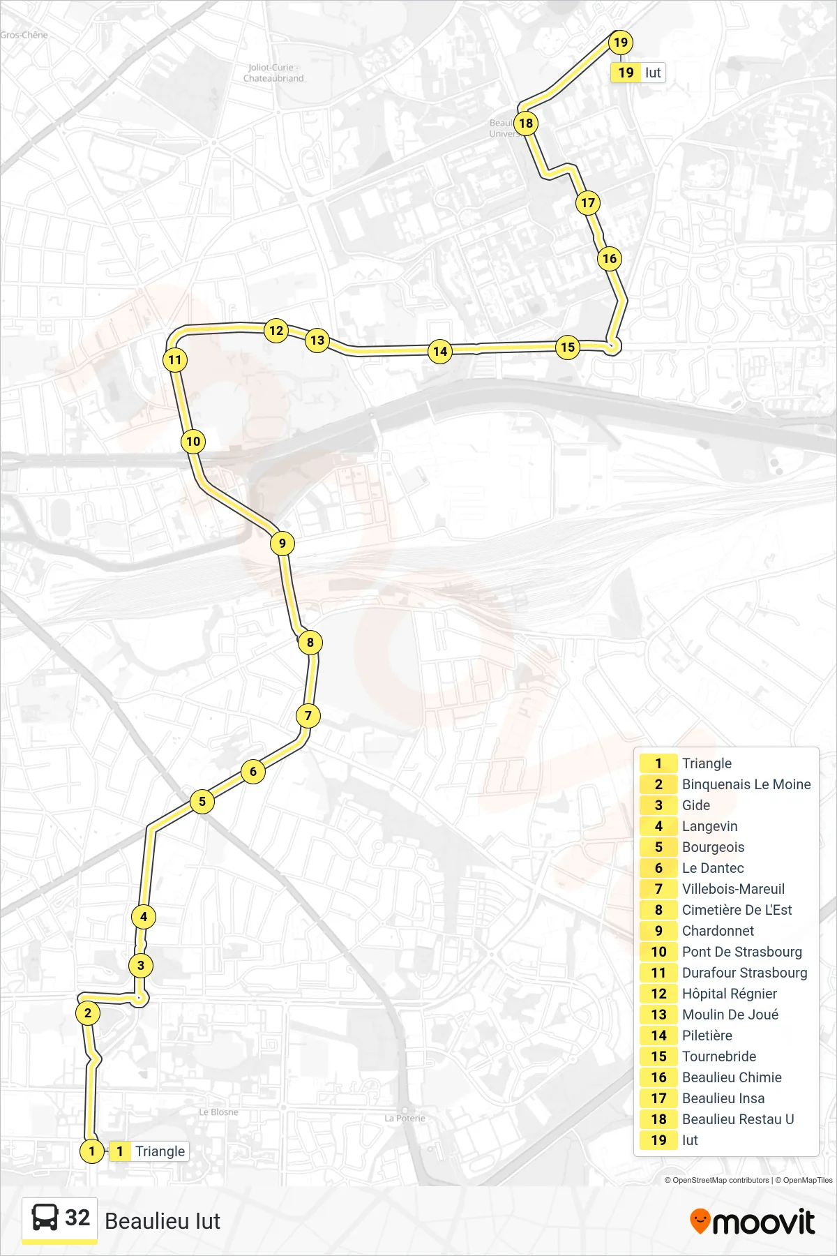 Tracé et arrêts de la ligne 32 de bus (Beaulieu Iut) sur une carte