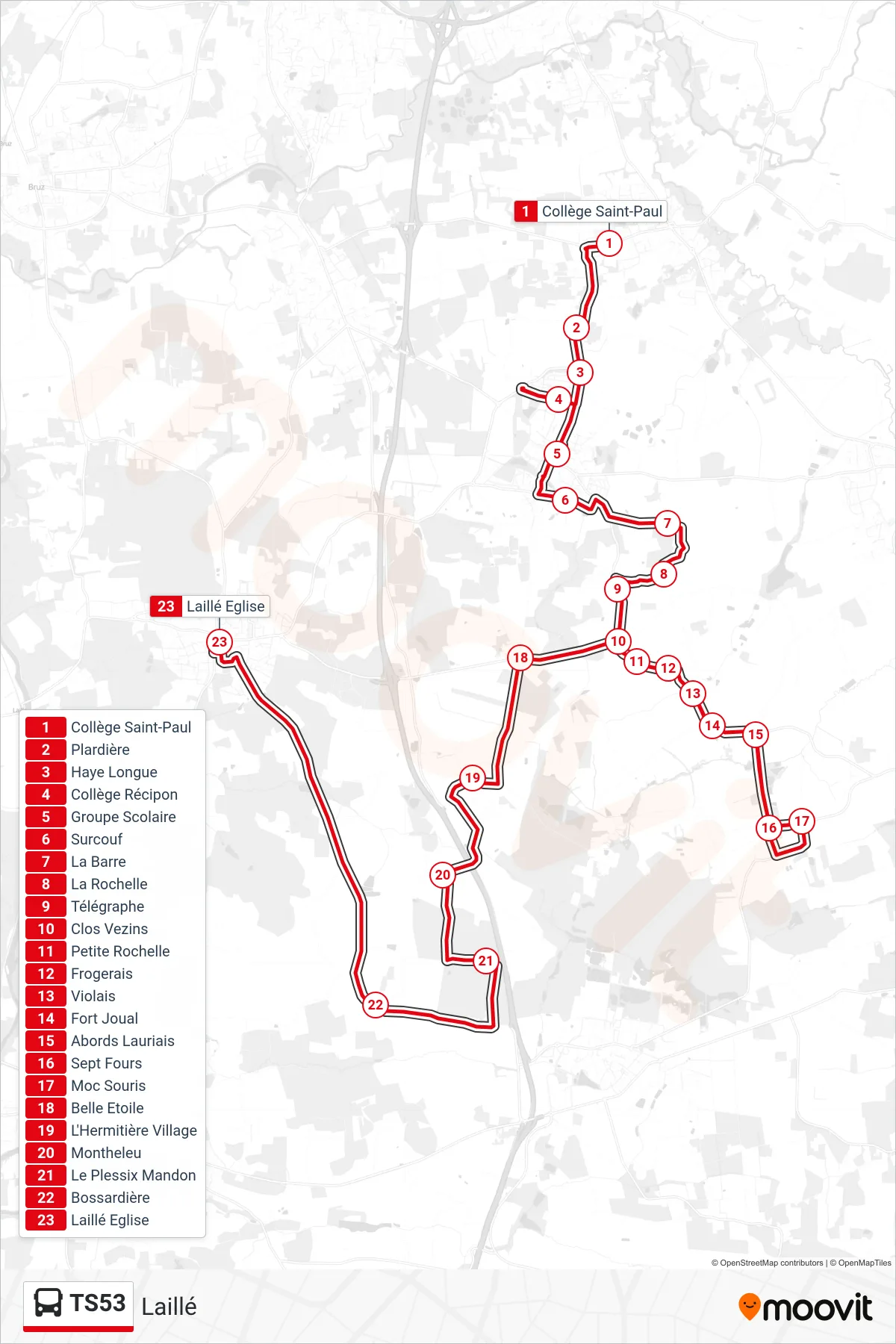 Tracé et arrêts de la ligne TS53 de bus (Laillé) sur une carte