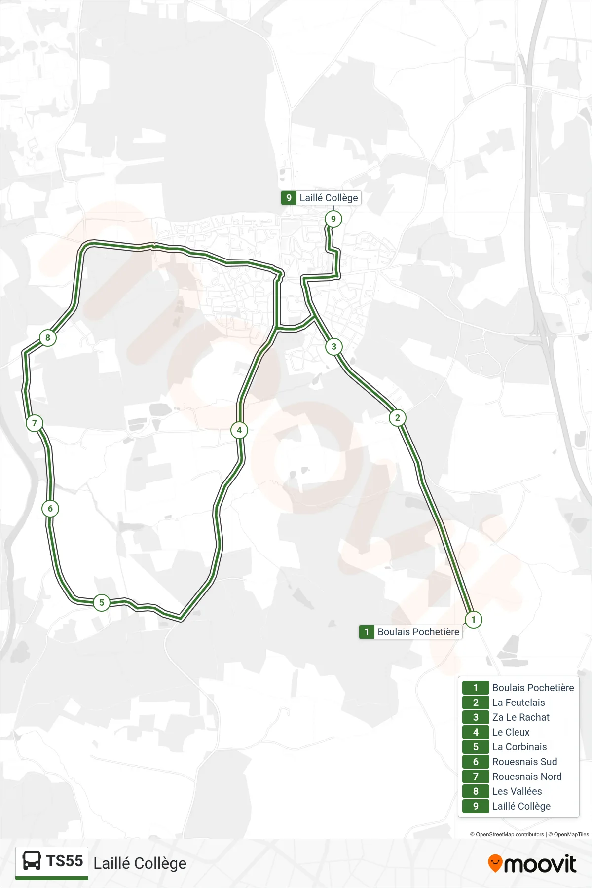Tracé et arrêts de la ligne TS55 de bus (Laillé Collège) sur une carte