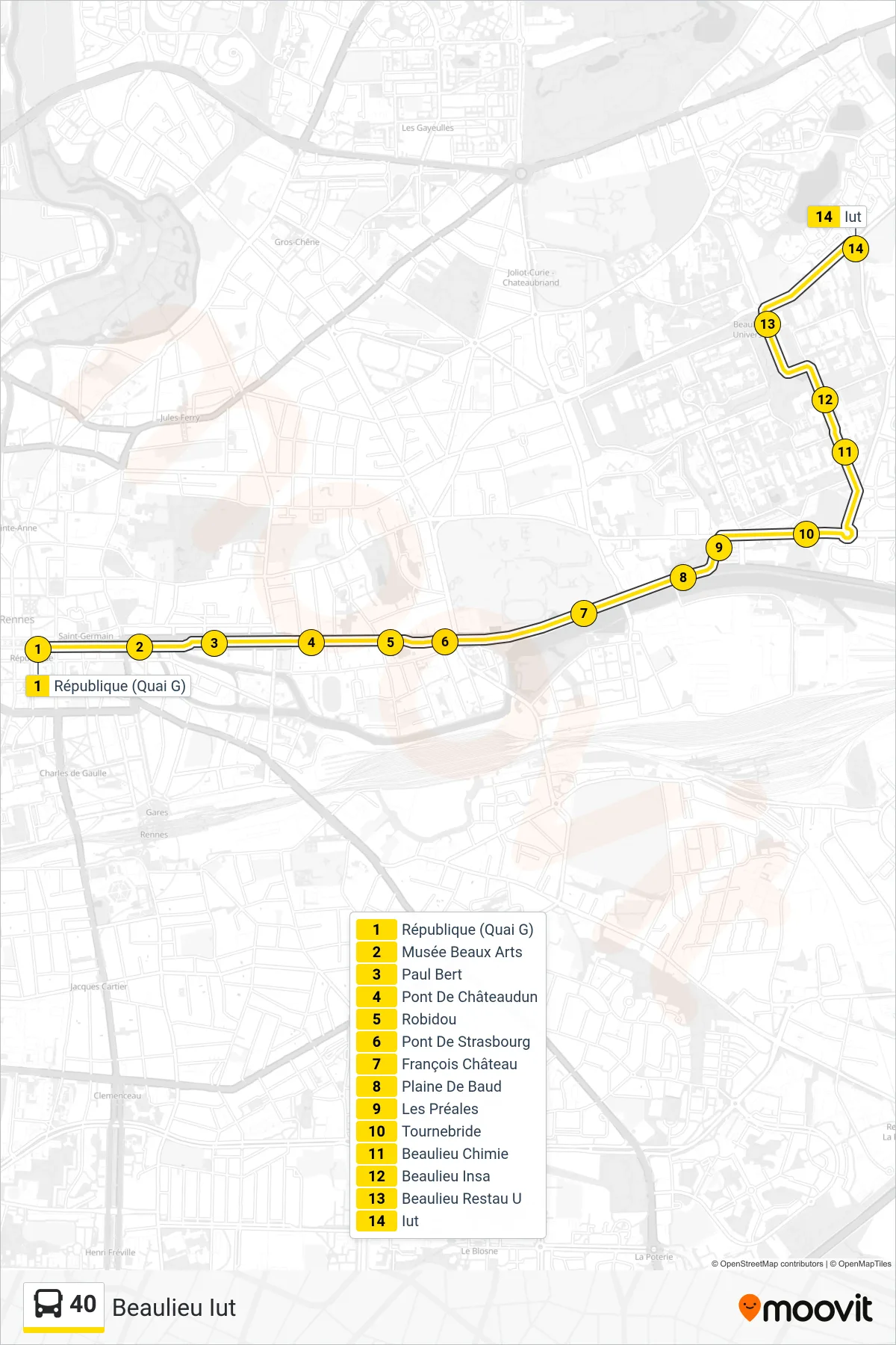 Tracé et arrêts de la ligne 40 de bus (Beaulieu Iut) sur une carte