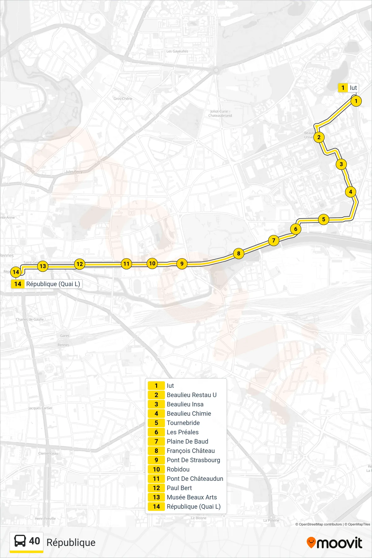 Tracé et arrêts de la ligne 40 de bus (République) sur une carte