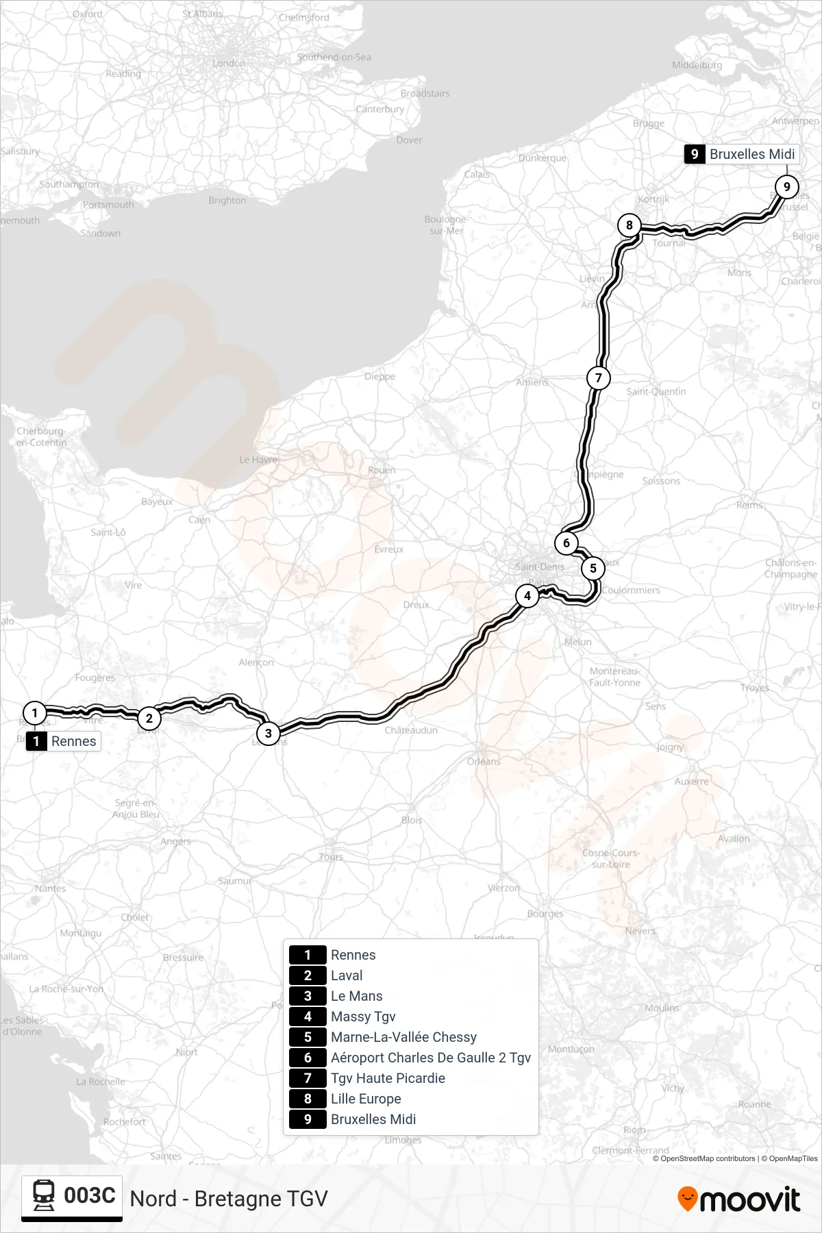 Tracé et arrêts de la ligne 003C de train (Bruxelles Midi) sur une carte