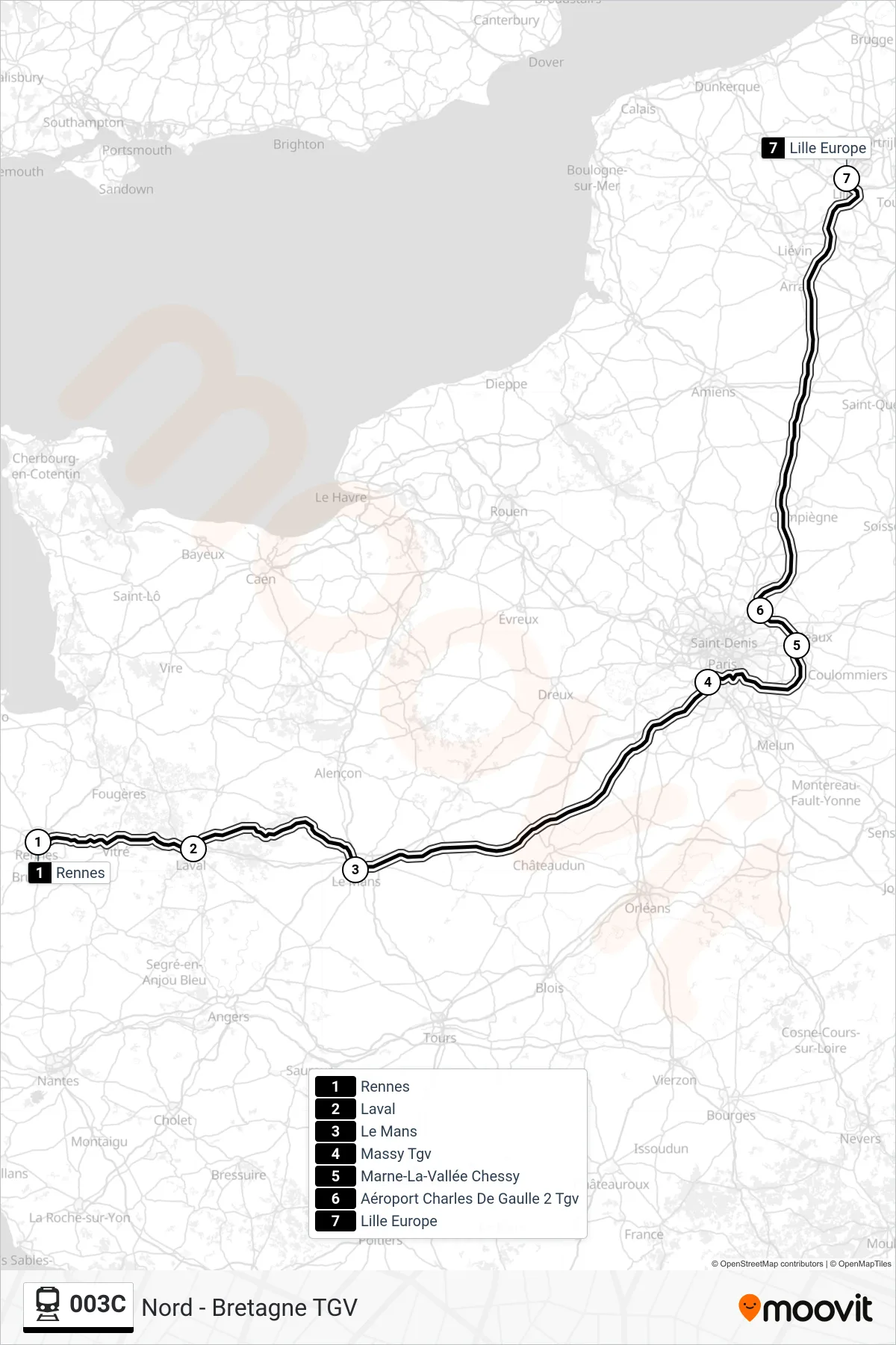 Tracé et arrêts de la ligne 003C de train (Lille Europe) sur une carte