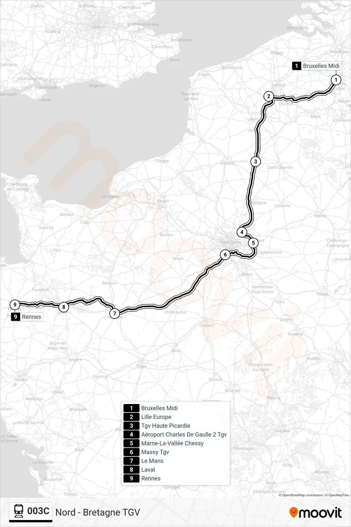 Tracé et arrêts de la ligne 003C de train (Rennes) sur une carte