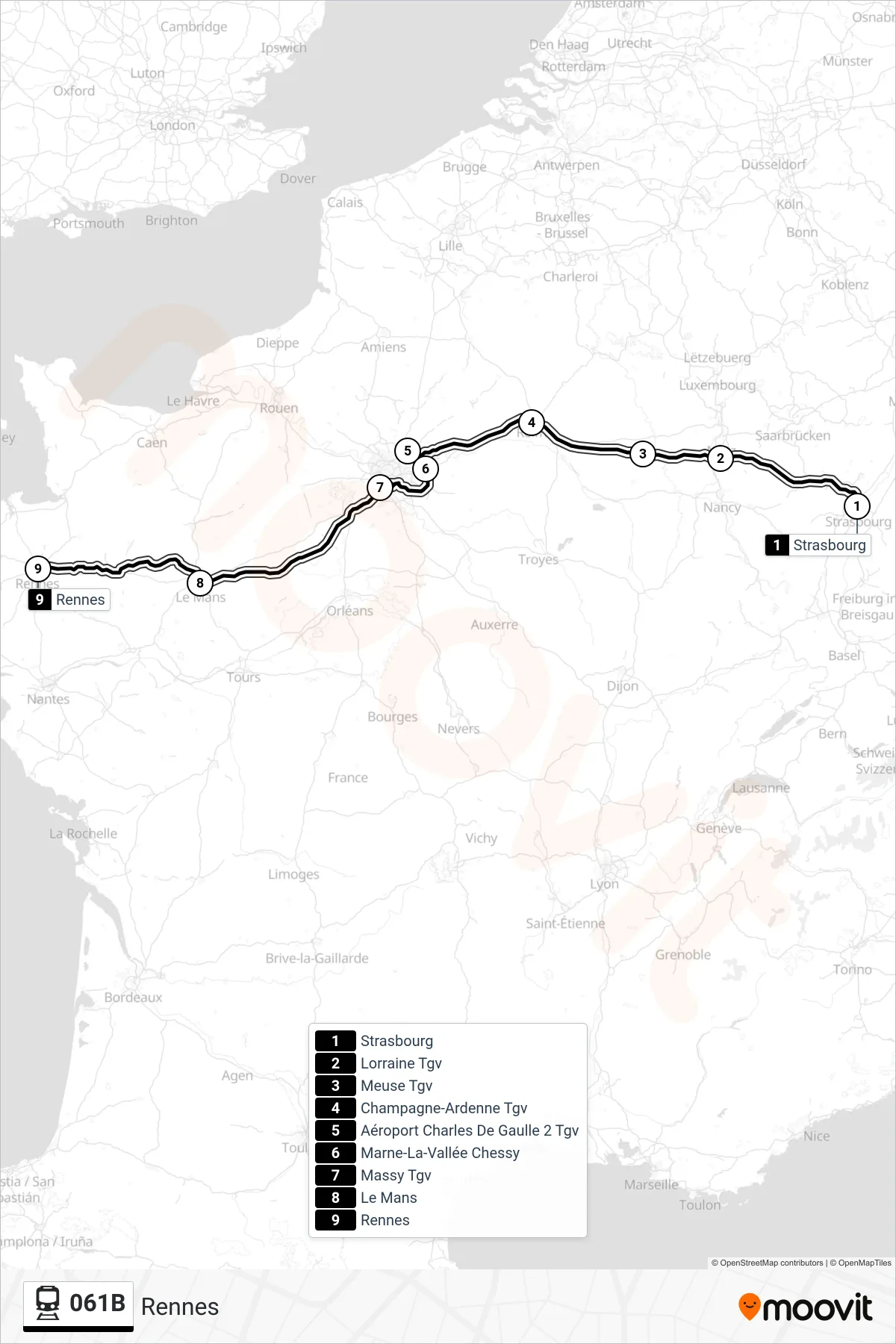 Recorrido y paradas de la línea 061B de tren (Rennes) en el mapa