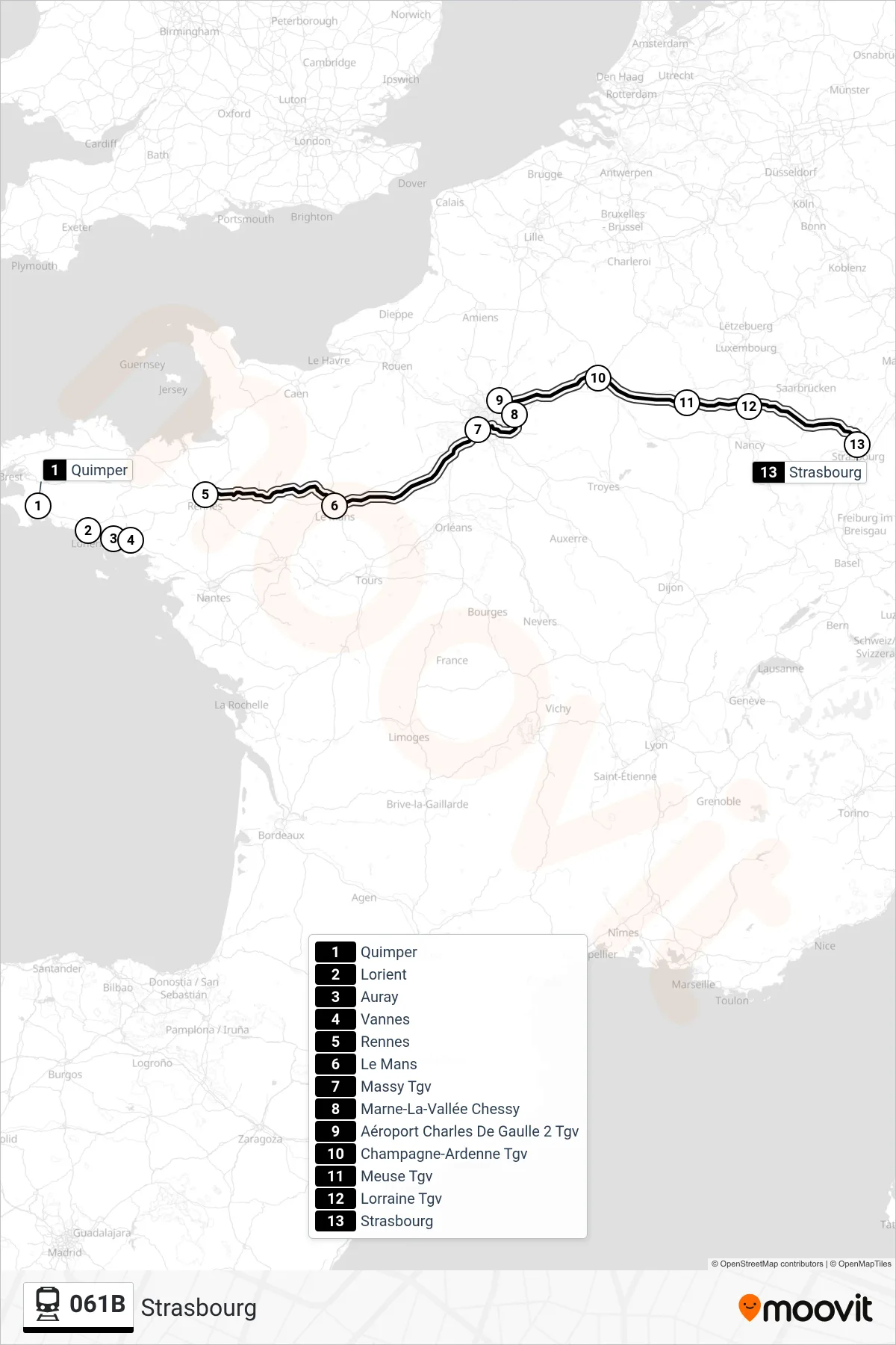 Tracé et arrêts de la ligne 061B de train (Strasbourg) sur une carte