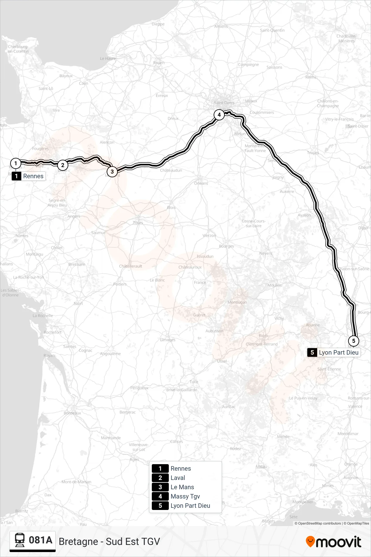 081A rail Line (Lyon Part Dieu) route and stops on a map