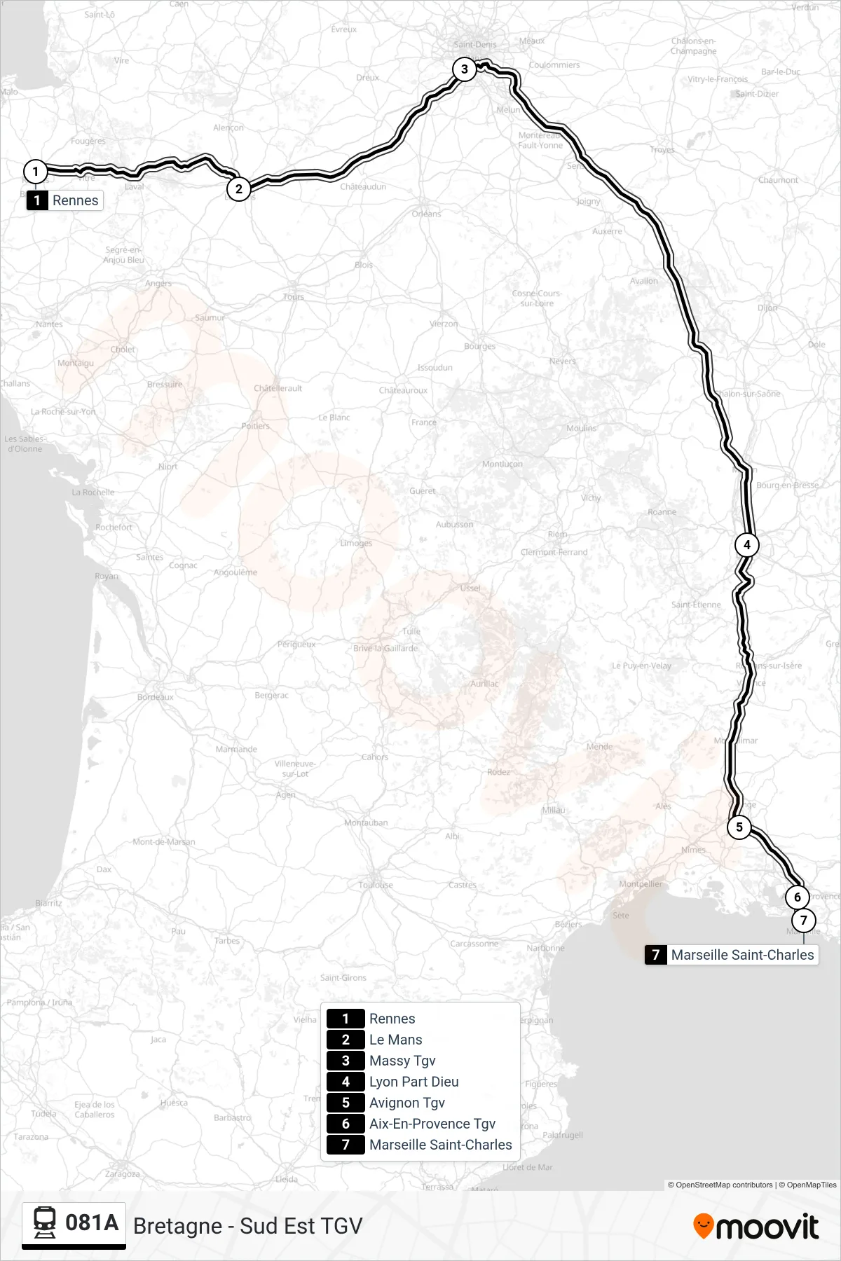 Tracé et arrêts de la ligne 081A de train (Marseille Saint-Charles) sur une carte
