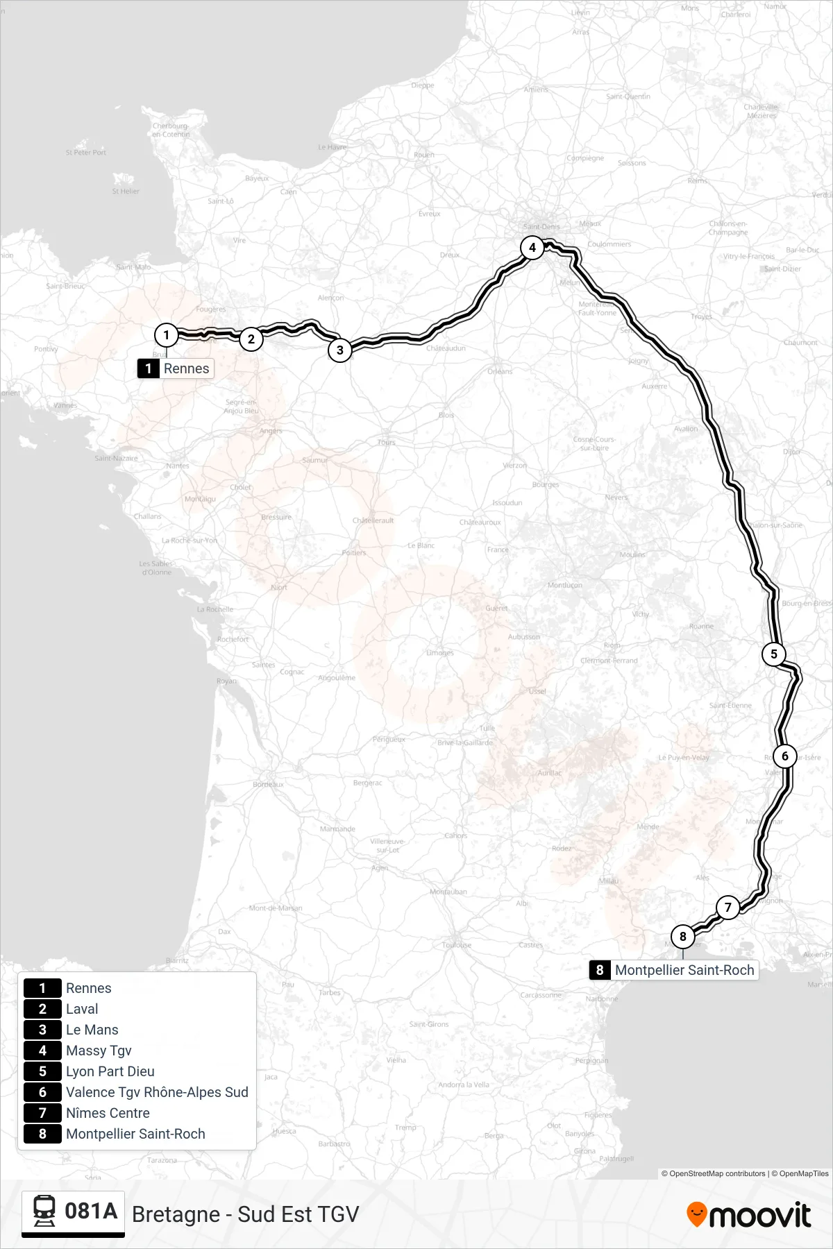 Tracé et arrêts de la ligne 081A de train (Montpellier Saint-Roch) sur une carte