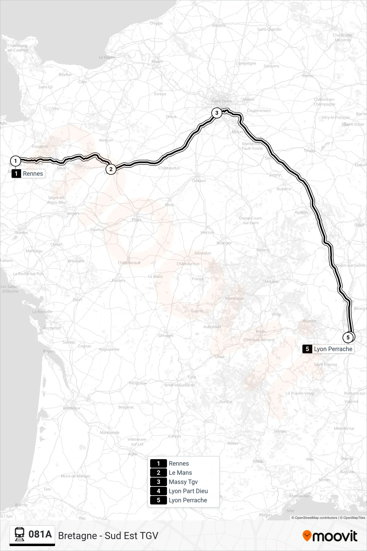 Tracé et arrêts de la ligne 081A de train (Lyon Perrache) sur une carte
