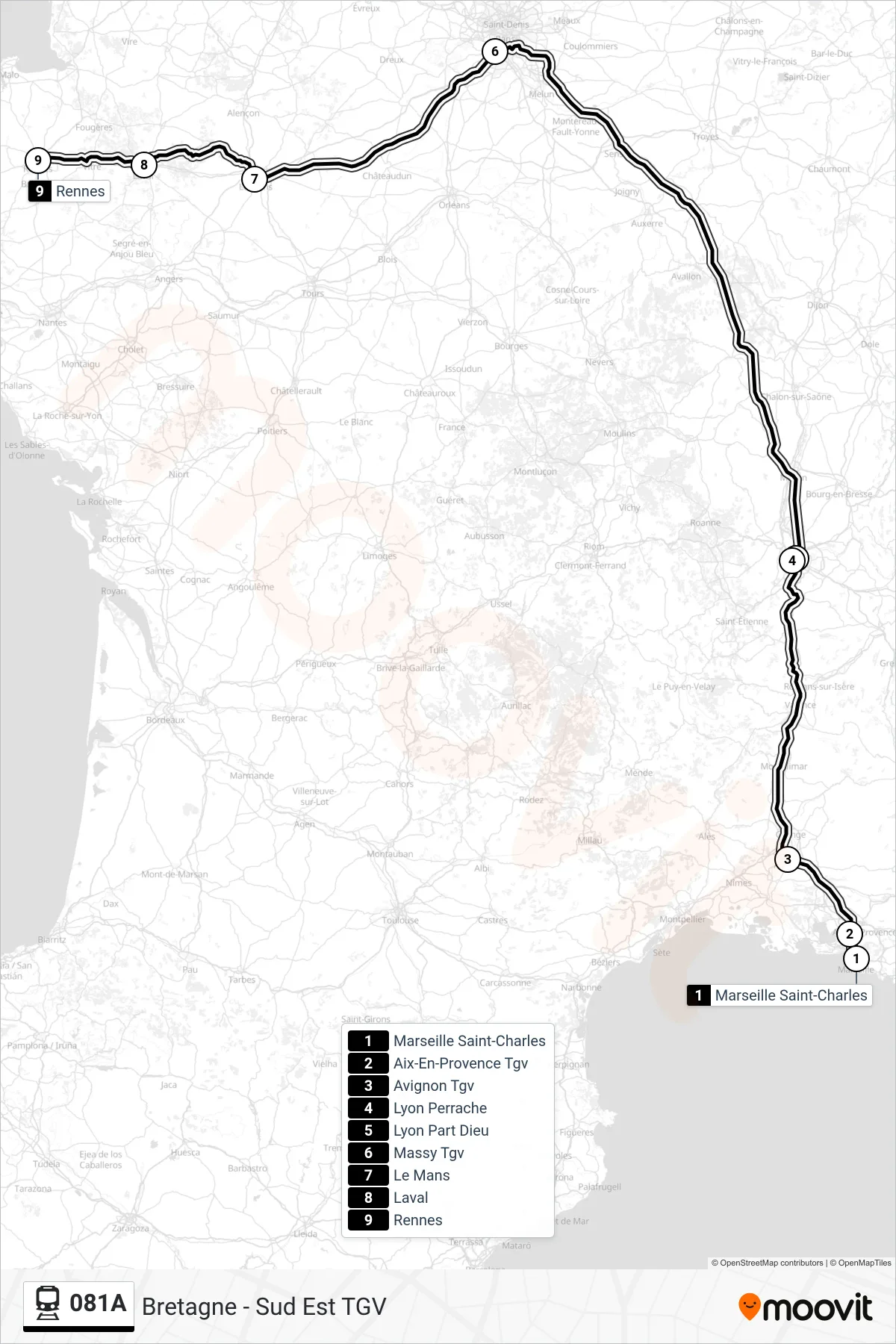 Tracé et arrêts de la ligne 081A de train (Rennes) sur une carte