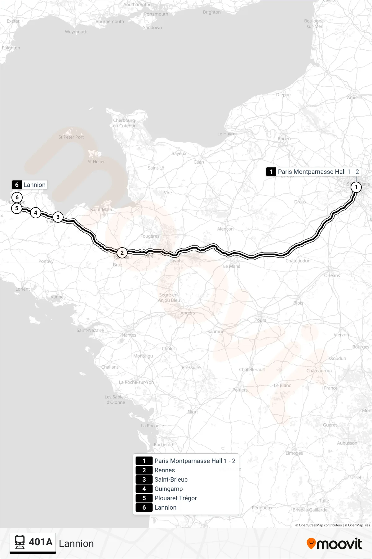 Tracé et arrêts de la ligne 401A de train (Lannion) sur une carte