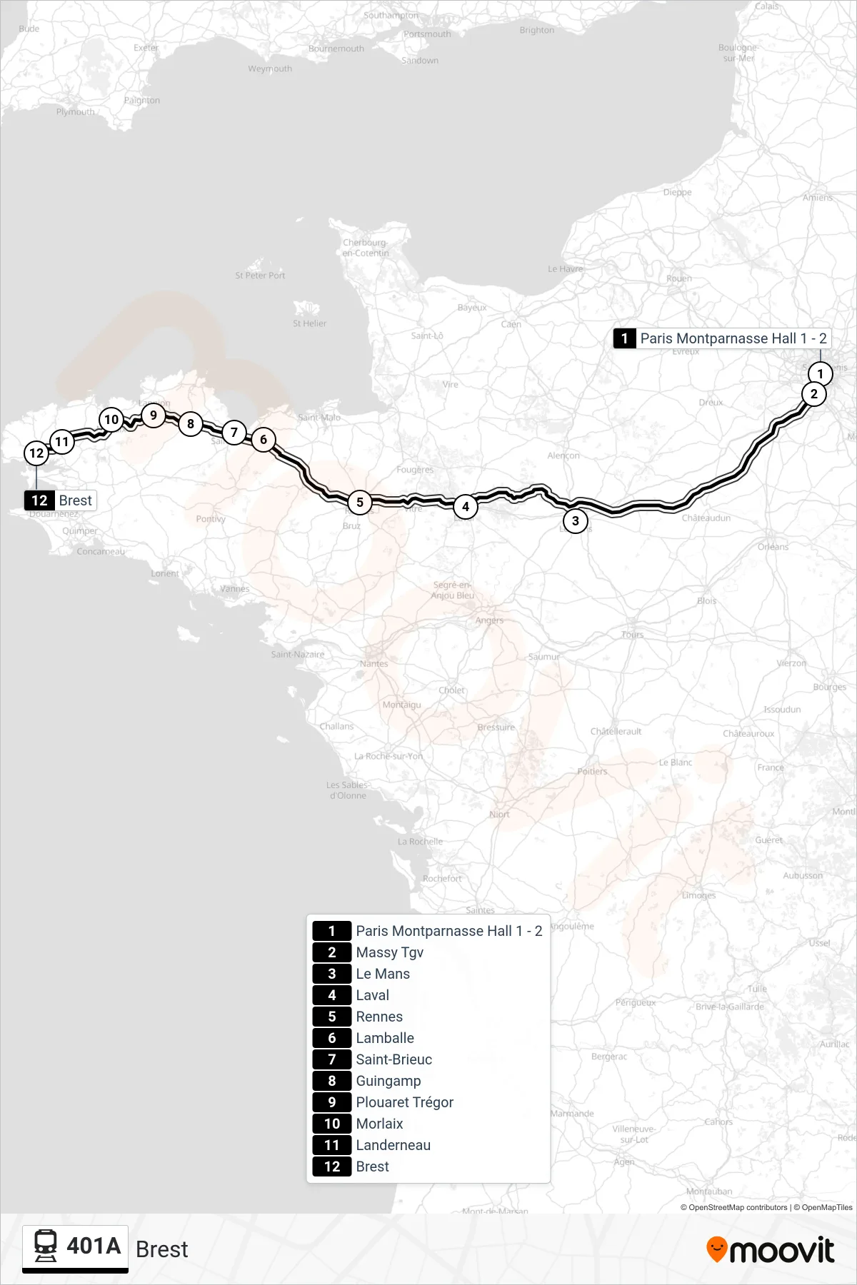Tracé et arrêts de la ligne 401A de train (Brest) sur une carte