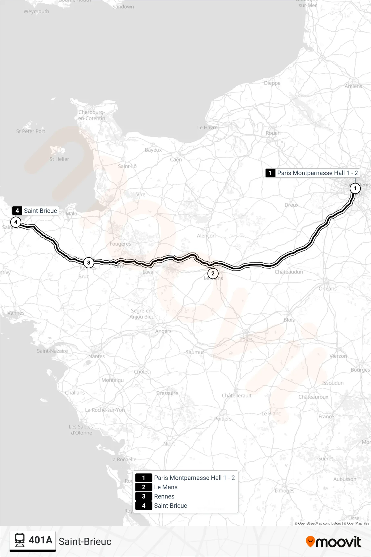 Tracé et arrêts de la ligne 401A de train (Saint-Brieuc) sur une carte