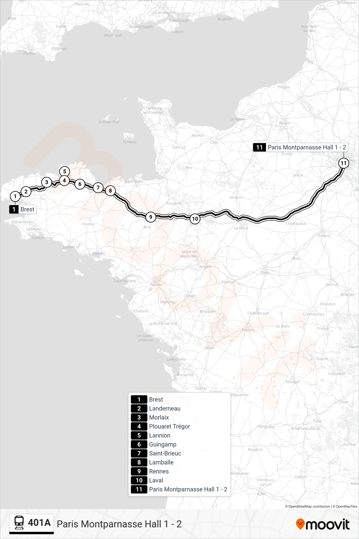 401A train Line (Paris Montparnasse Hall 1 - 2) route and stops on a map