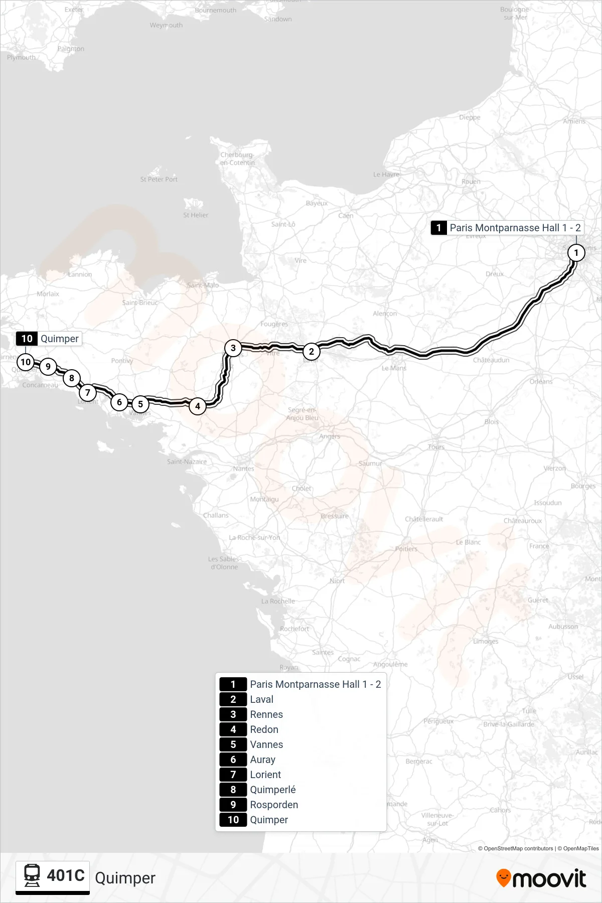 Tracé et arrêts de la ligne 401C de train (Quimper) sur une carte