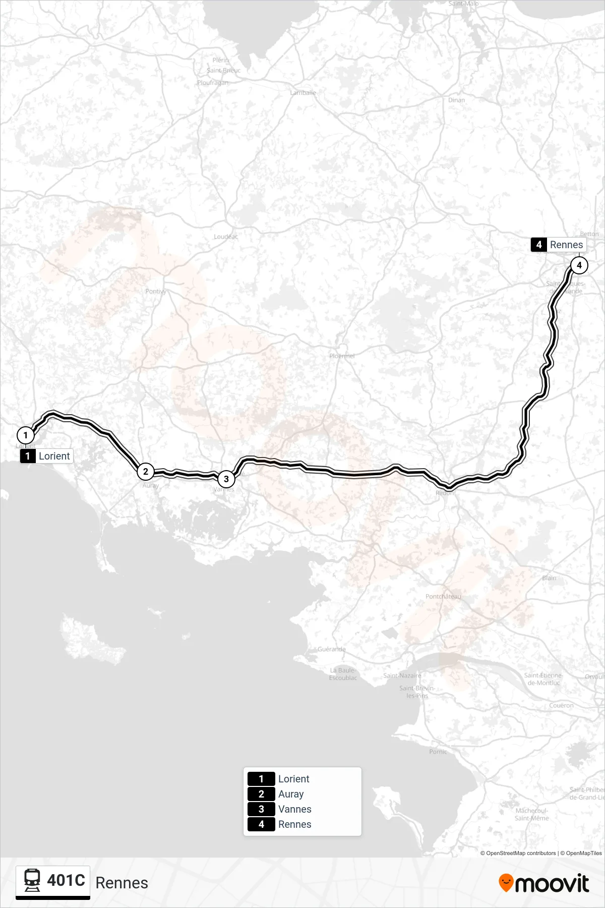 Tracé et arrêts de la ligne 401C de train (Rennes) sur une carte