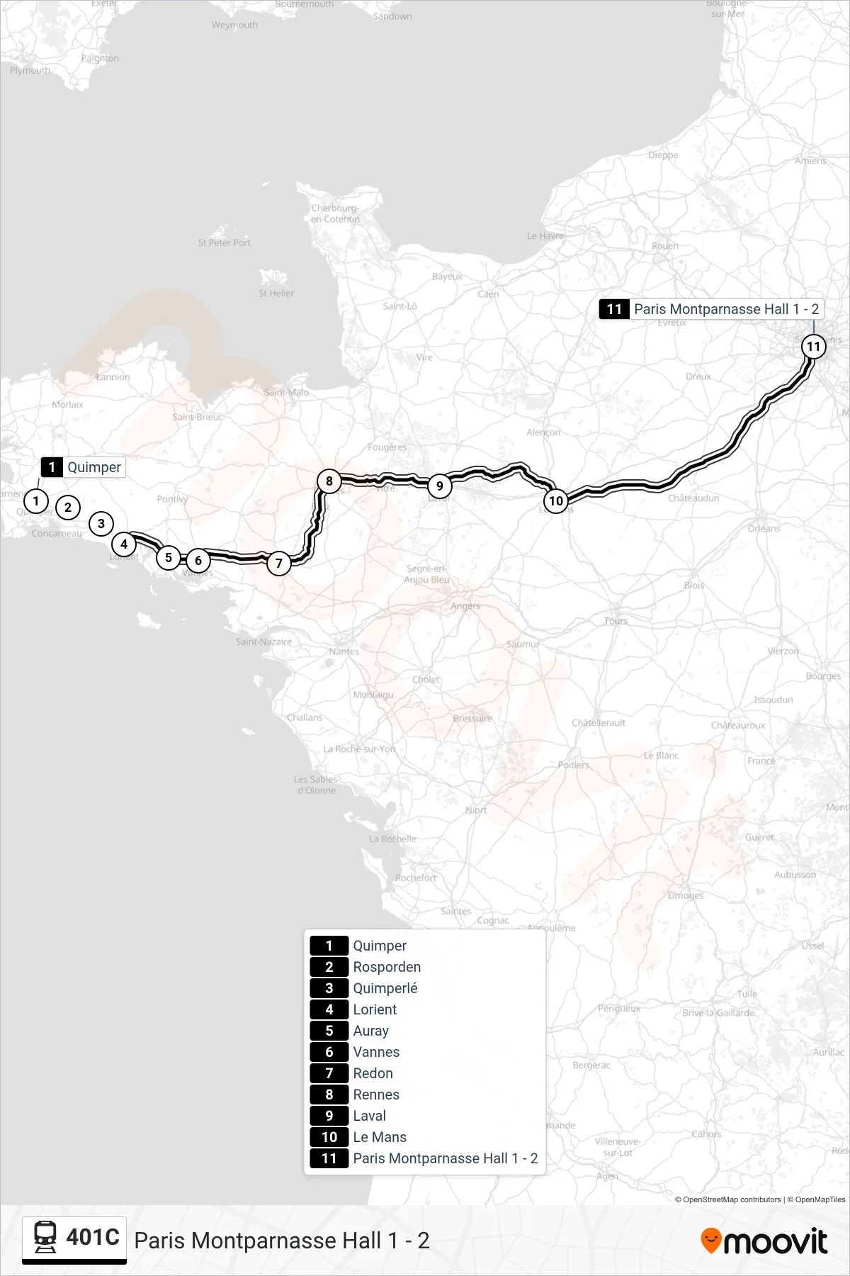 Tracé et arrêts de la ligne 401C de train (Paris Montparnasse Hall 1 - 2) sur une carte