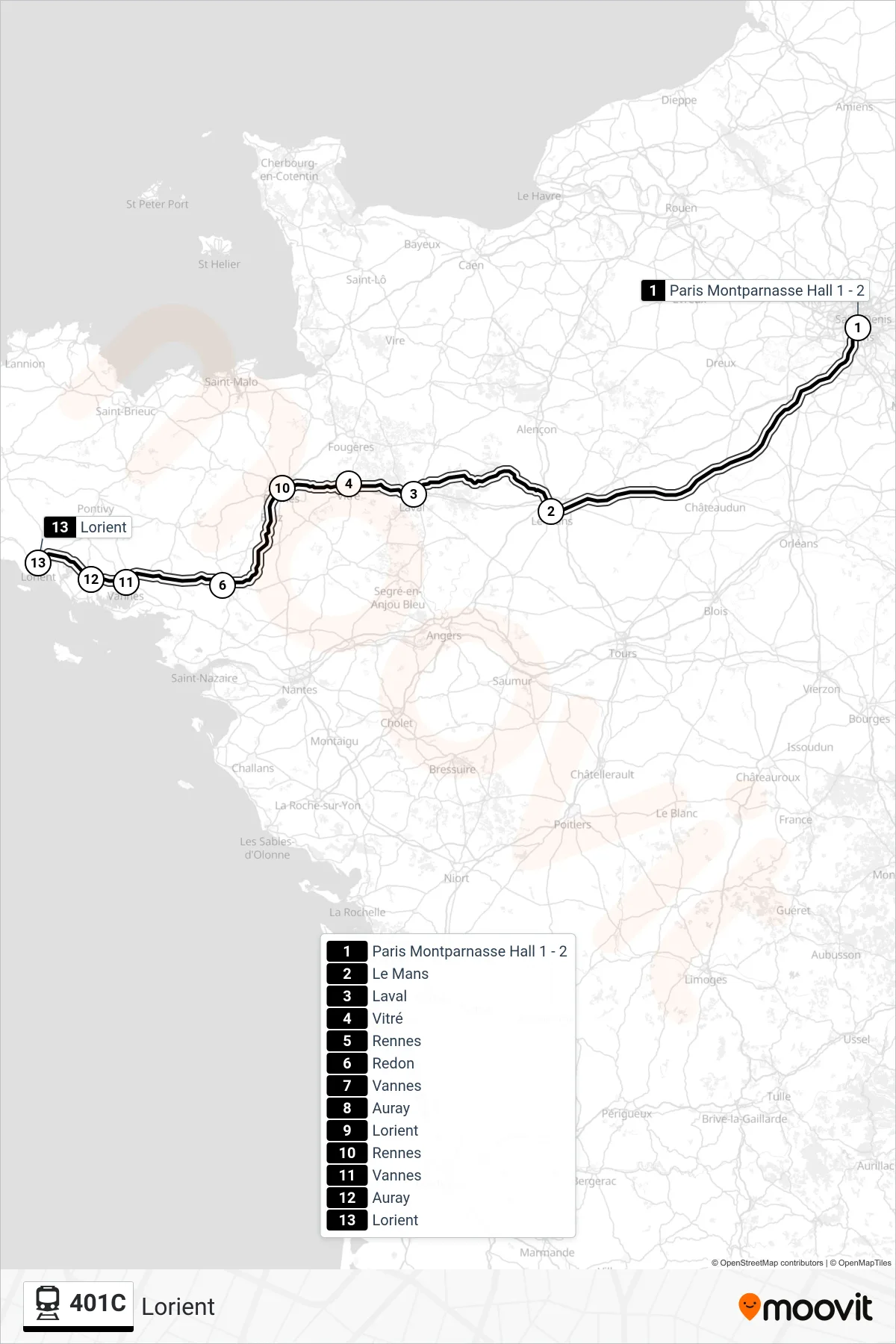 Tracé et arrêts de la ligne 401C de train (Lorient) sur une carte