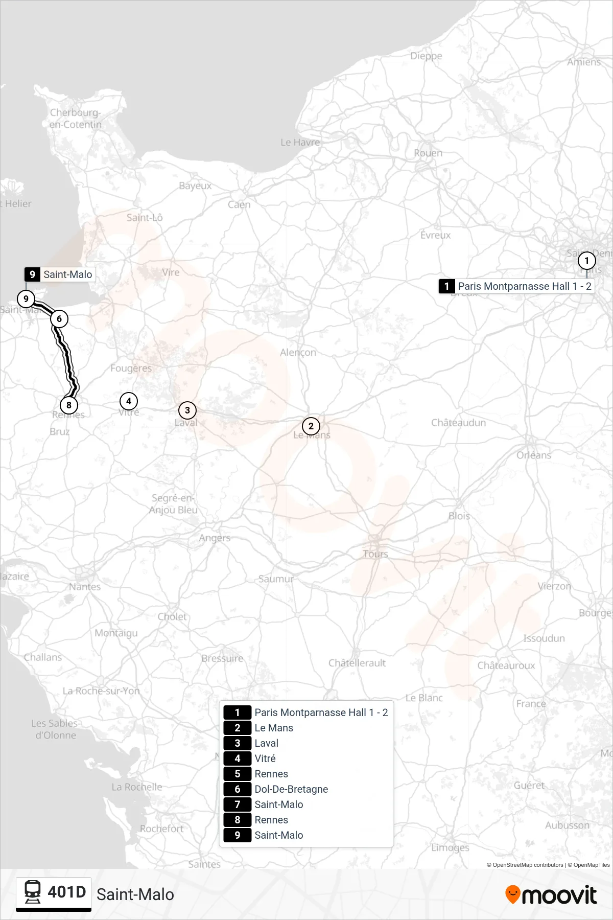 Tracé et arrêts de la ligne 401D de train (Saint-Malo) sur une carte