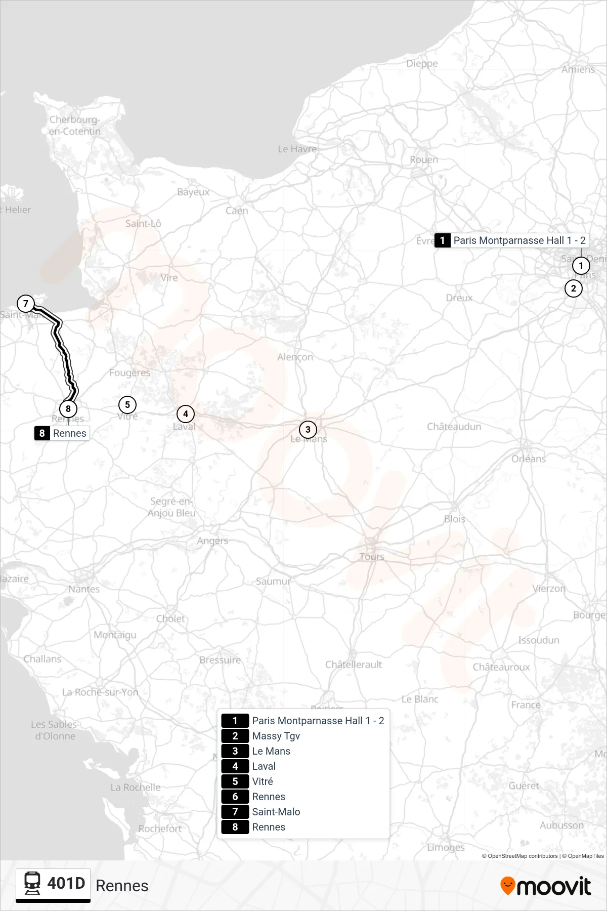 Tracé et arrêts de la ligne 401D de train (Rennes) sur une carte