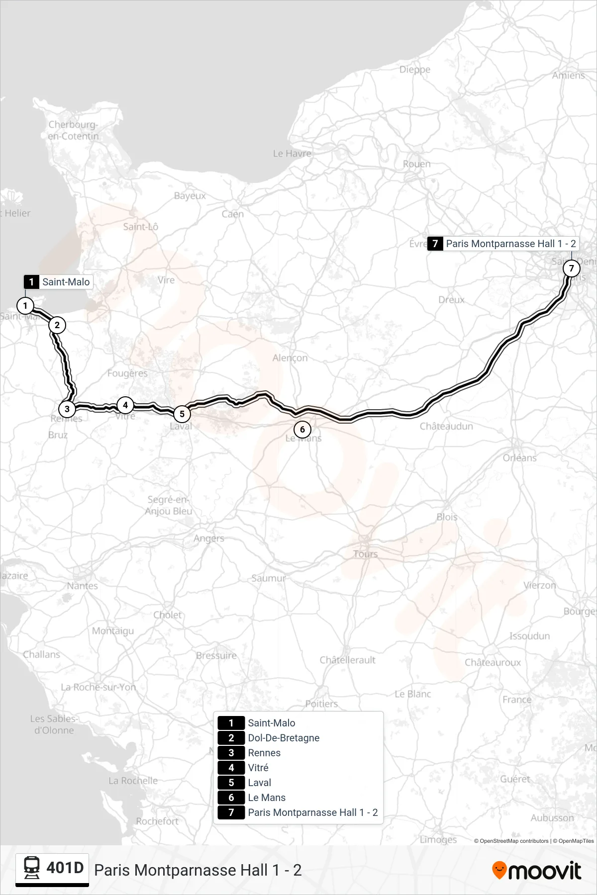401D train Line (Paris Montparnasse Hall 1 - 2) route and stops on a map