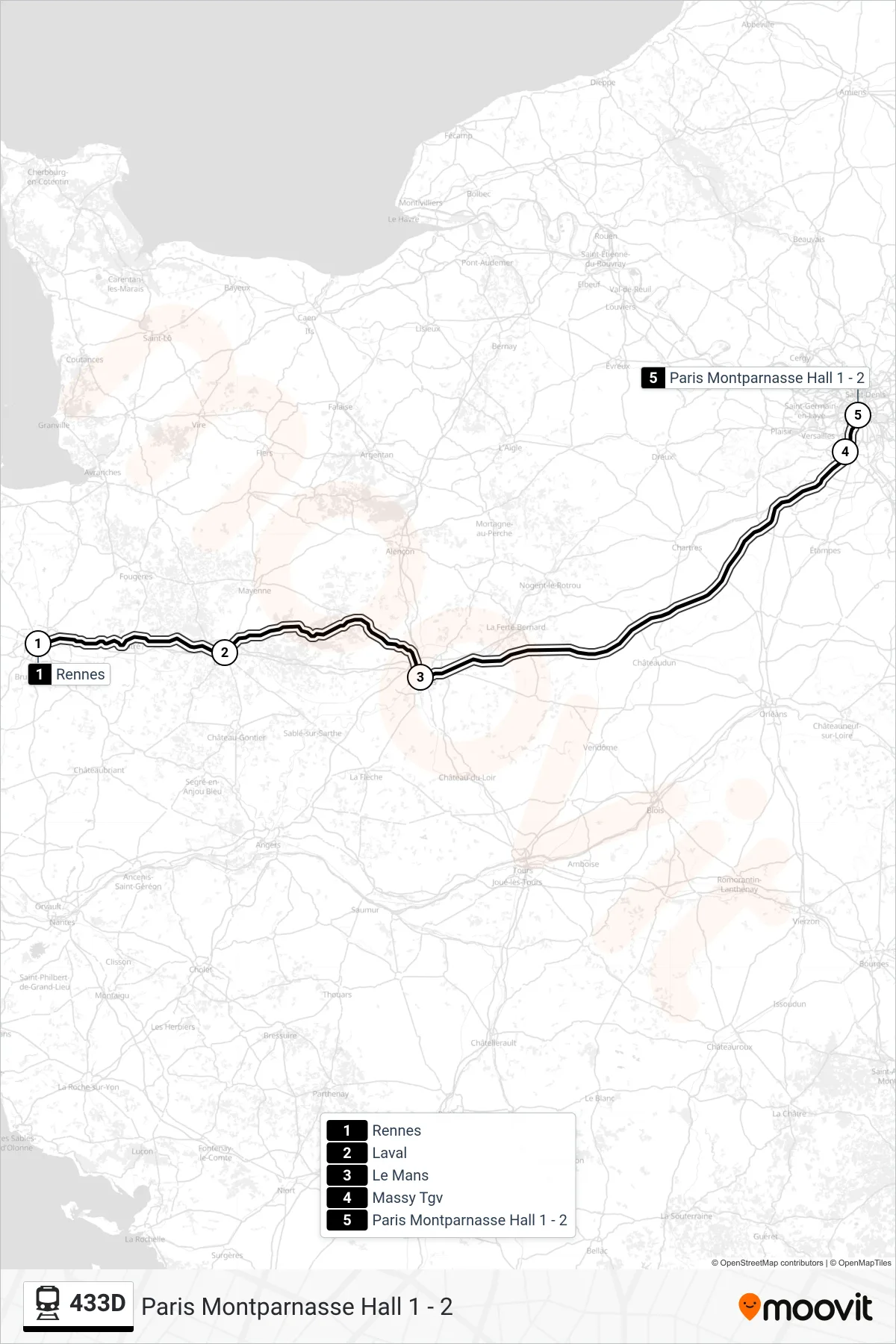 Tracé et arrêts de la ligne 433D de train (Paris Montparnasse Hall 1 - 2) sur une carte