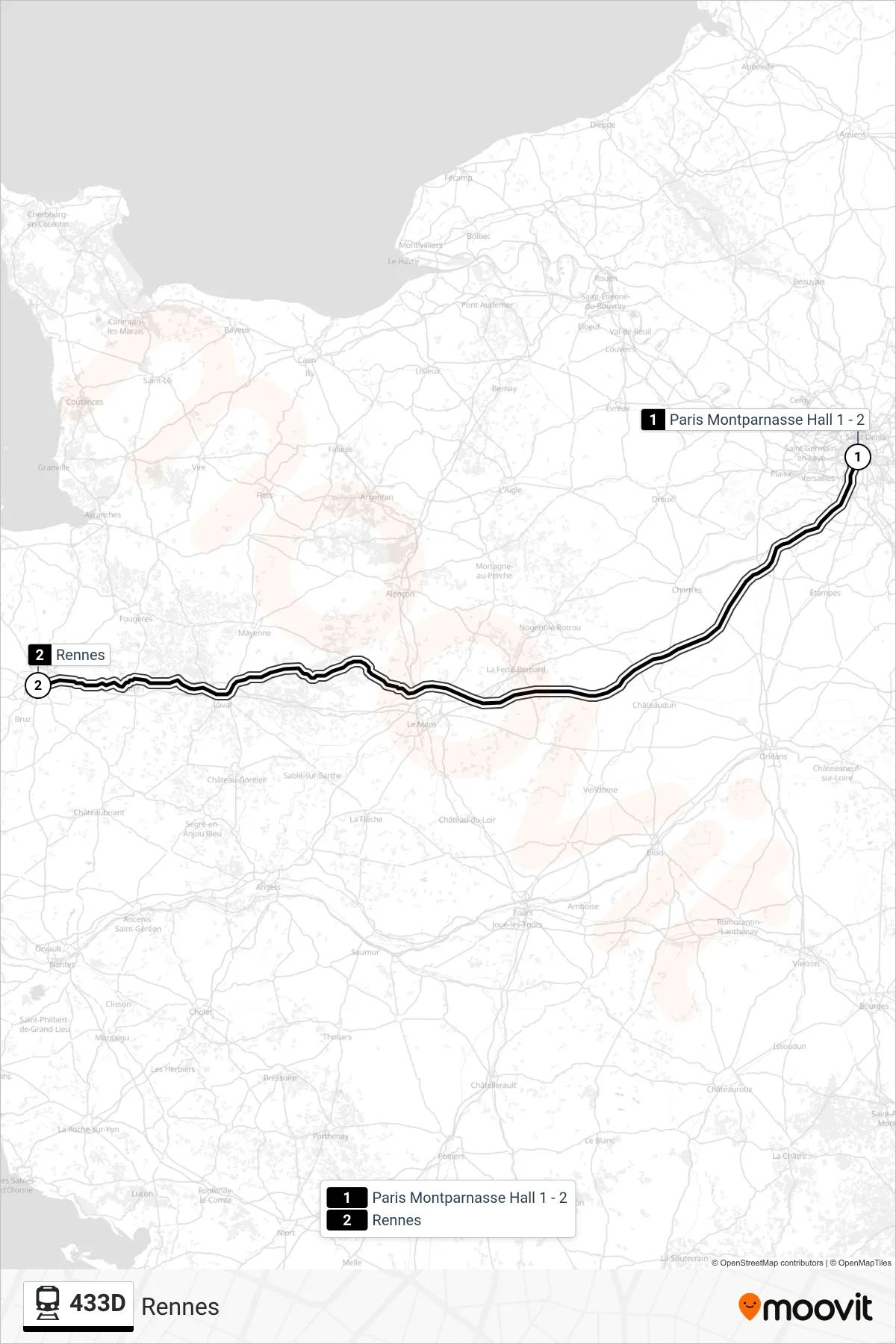 Tracé et arrêts de la ligne 433D de train (Rennes) sur une carte
