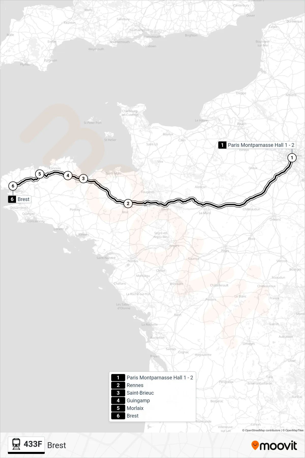 Tracé et arrêts de la ligne 433F de train (Brest) sur une carte