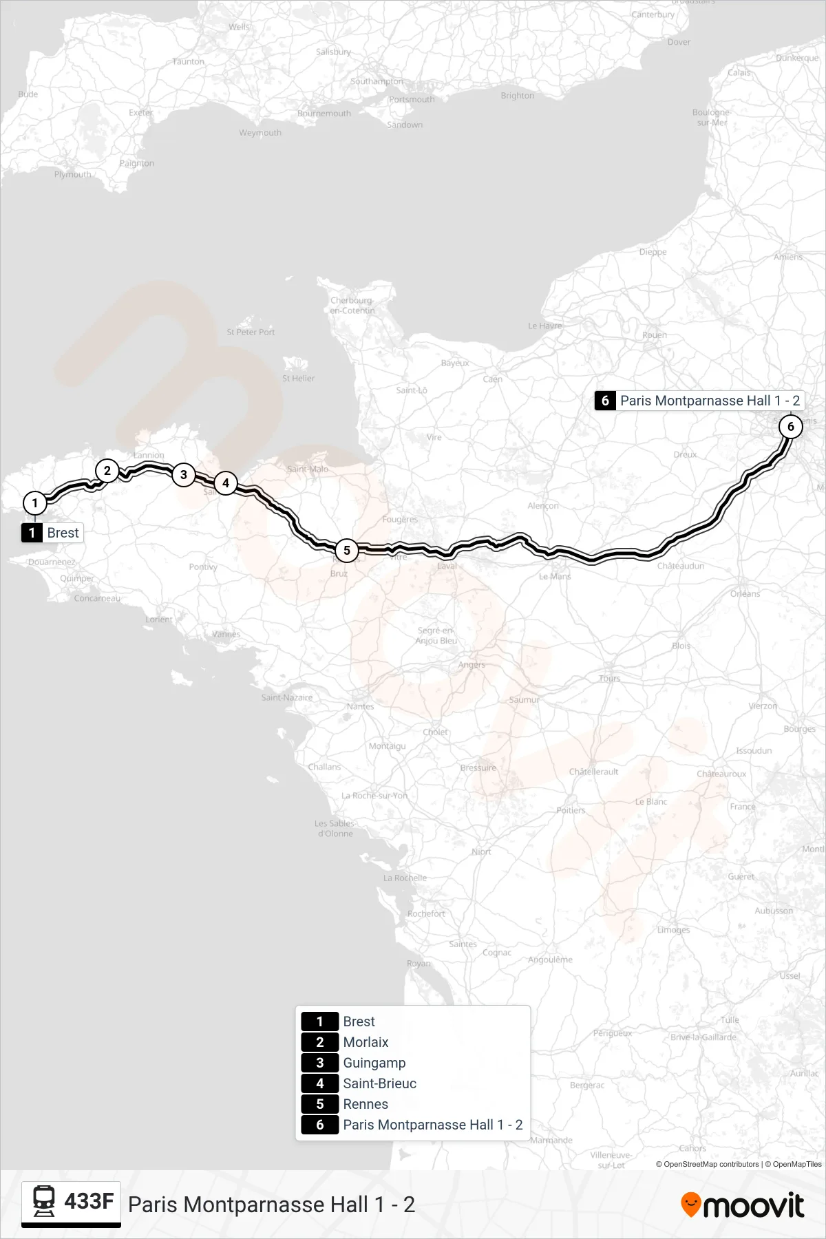 Tracé et arrêts de la ligne 433F de train (Paris Montparnasse Hall 1 - 2) sur une carte