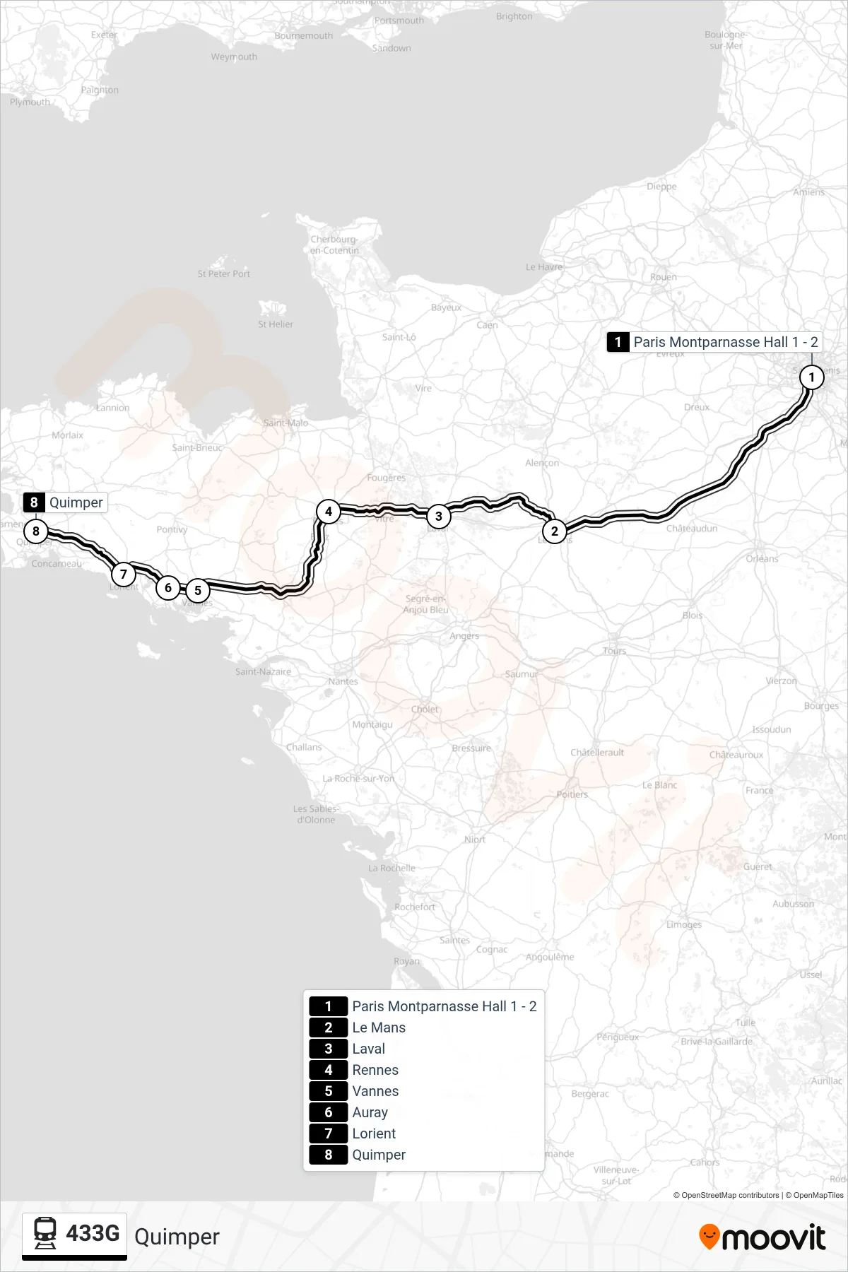 Tracé et arrêts de la ligne 433G de train (Quimper) sur une carte