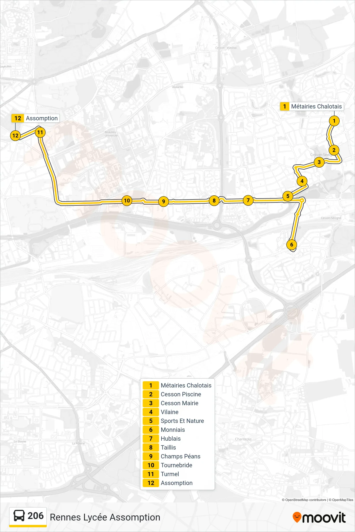 Tracé et arrêts de la ligne 206 de bus (Rennes Lycée Assomption) sur une carte